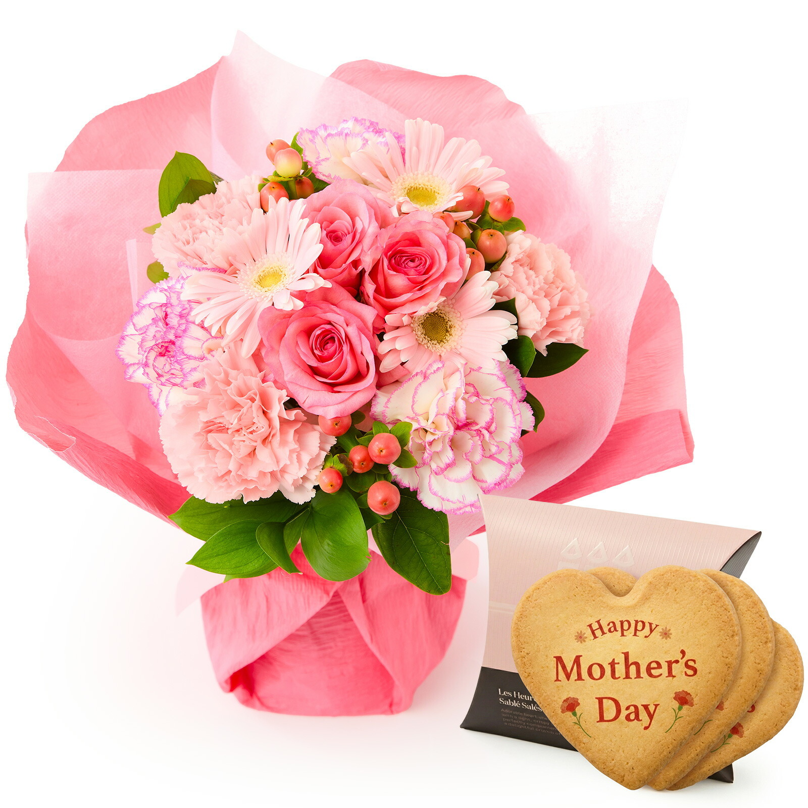そのまま飾れるブーケ(ピンク、Mサイズ) と アンリ・シャルパンティエ しあわせサブレ のセット【母の日カード付き】