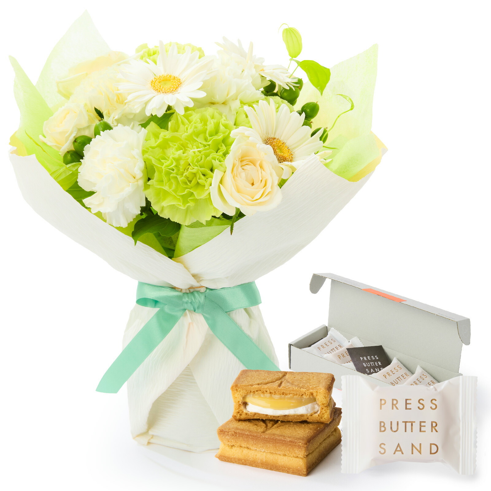 そのまま飾れるブーケ(白色、Mサイズ) と プレスバターサンド バターサンド のセット【母の日カード付き】