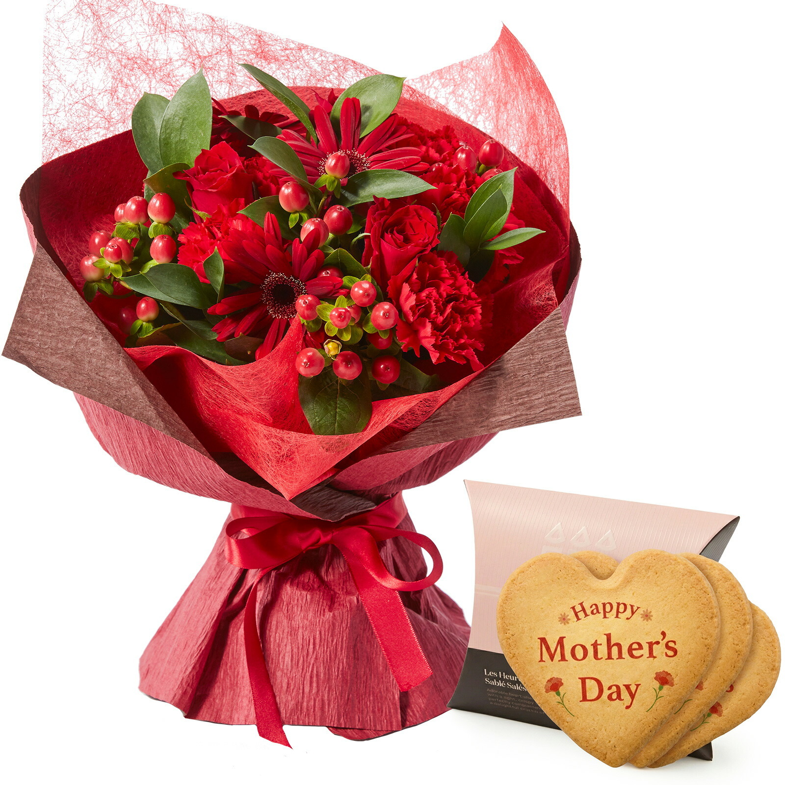 そのまま飾れるブーケ(赤色、Mサイズ) と アンリ・シャルパンティエ しあわせサブレ のセット【母の日カード付き】