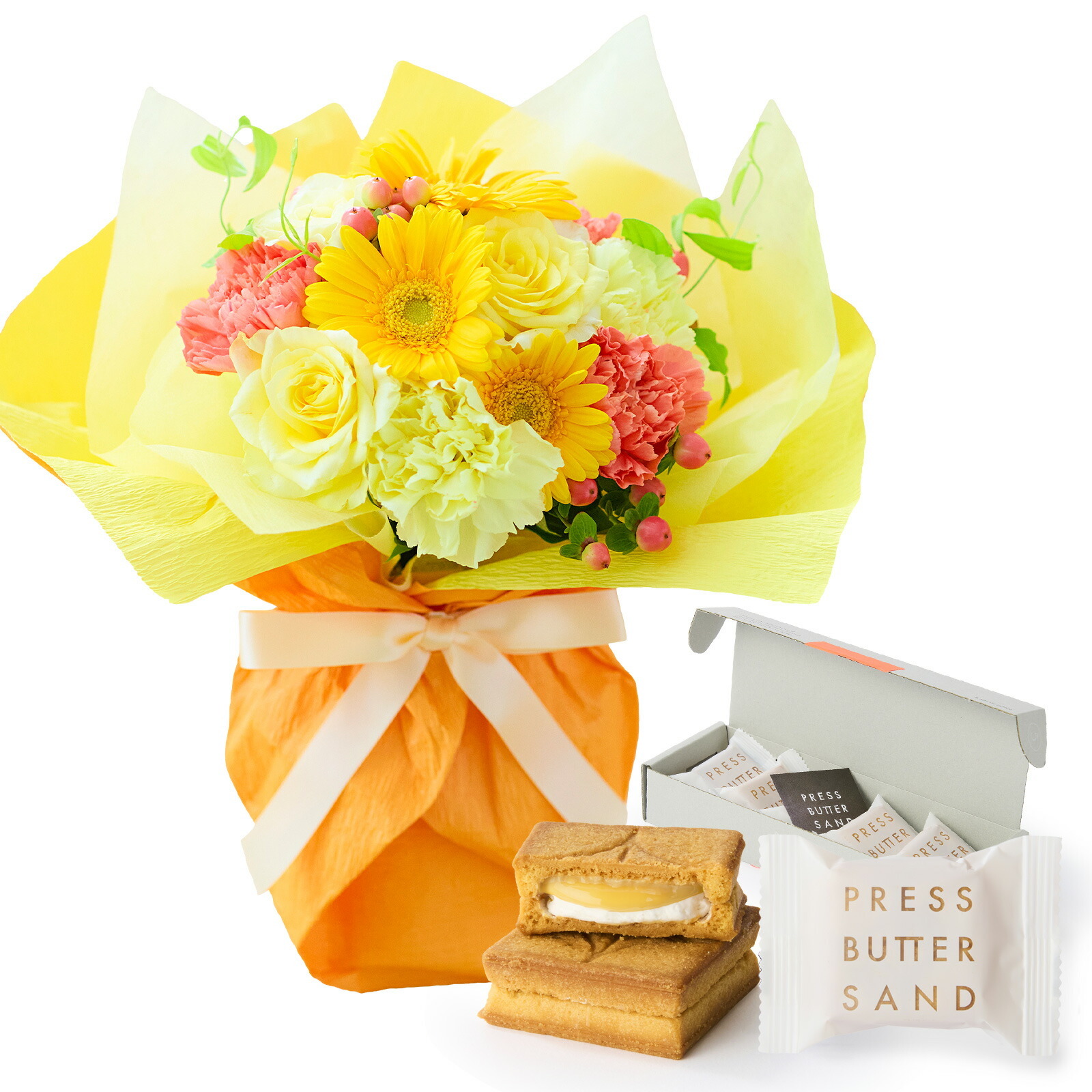 そのまま飾れるブーケ(黄色、Mサイズ) と プレスバターサンド バターサンド のセット【母の日カード付き】