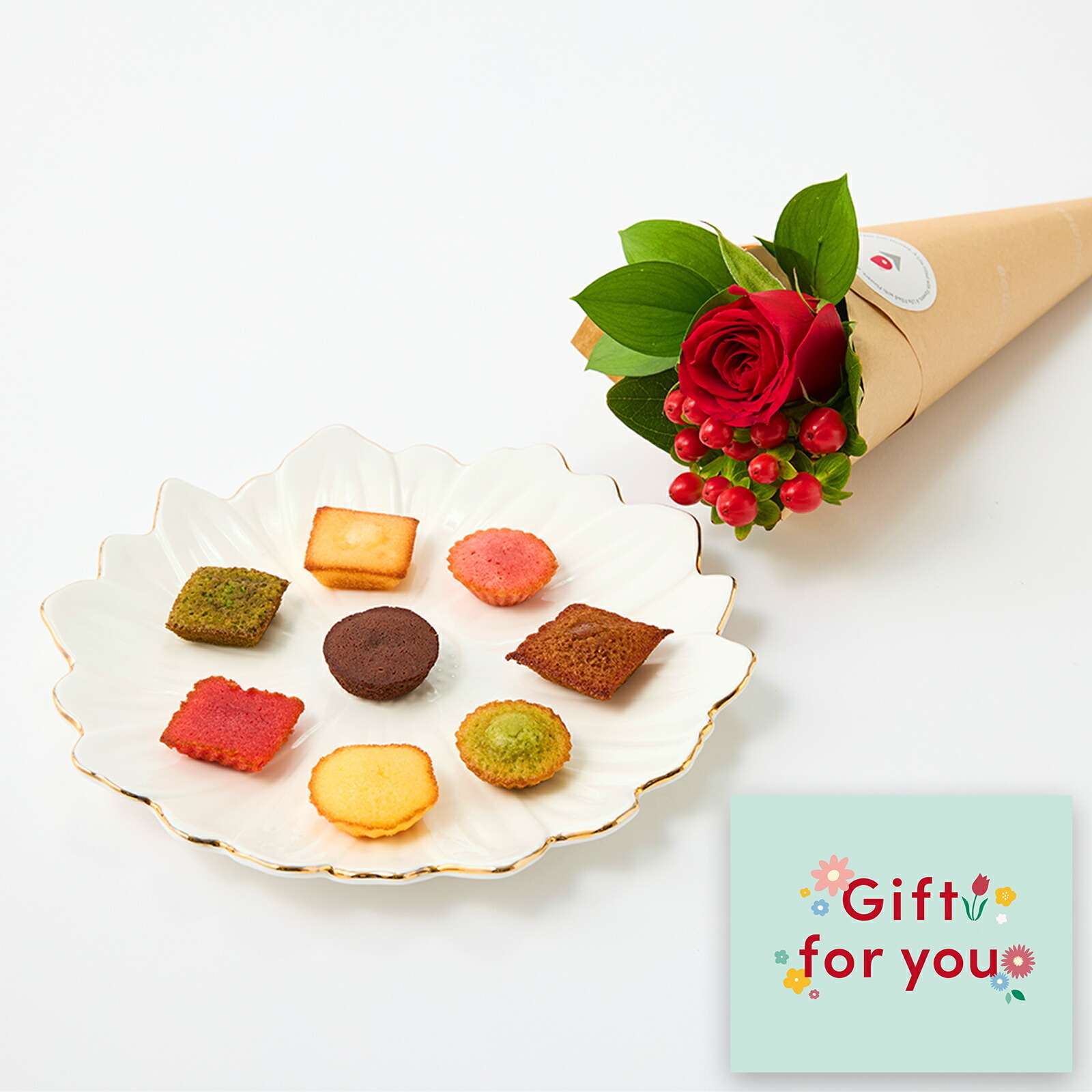 アンリ・シャルパンティエ　プティ・ガトー・アソルティとお花3本セット Gift for you カード付き