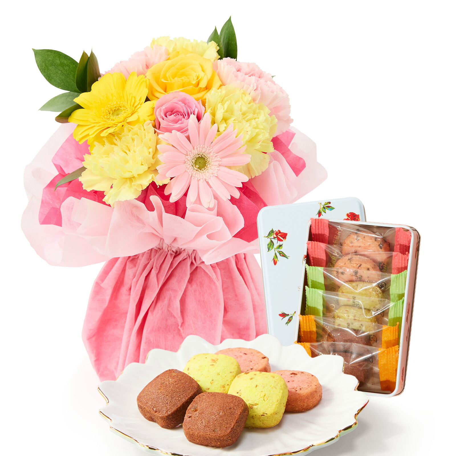 そのまま飾れるブーケ(カラフル、Sサイズ) と 銀座千疋屋クッキー のセット