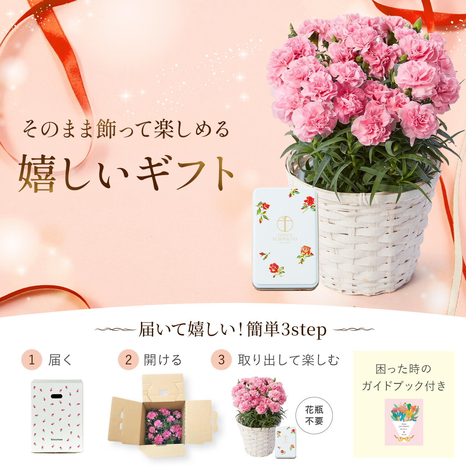 鉢植え カーネーション ピンク(クレア) と 銀座千疋屋クッキー のセット【母の日カード付き】