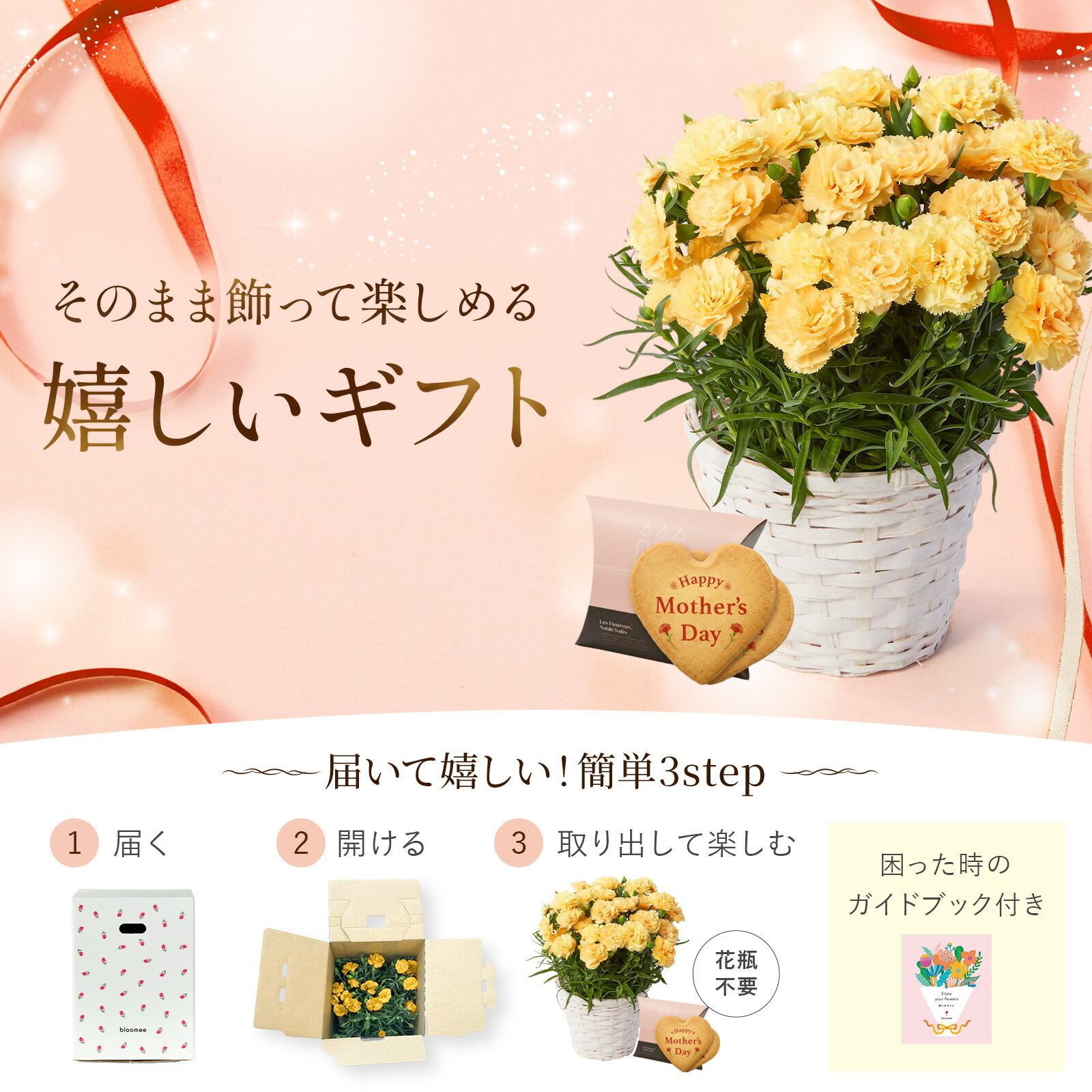 鉢植え カーネーション 黄色(ハニームーン) と アンリ・シャルパンティエ しあわせサブレ のセット【母の日カード付き】