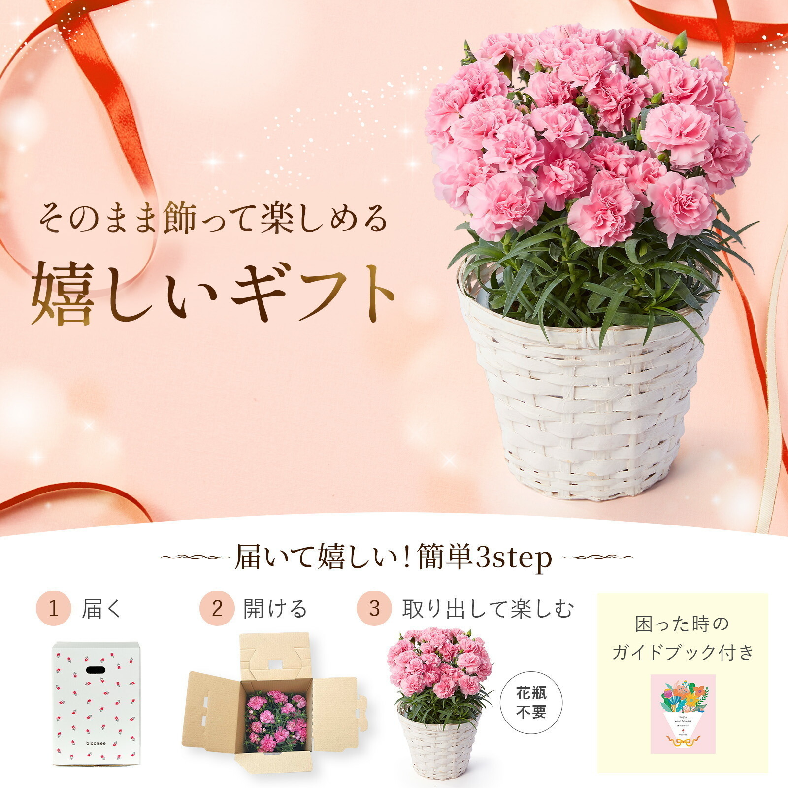 鉢植え カーネーション ピンク(クレア) 編カバーホワイト【母の日カード付き】