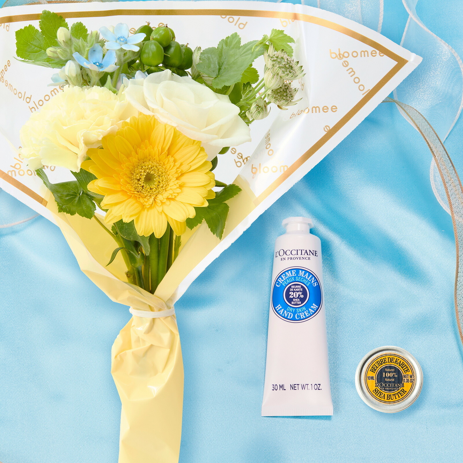 ロクシタン シアハンドクリームとシアバター と 季節のお花ブーケ(8本)