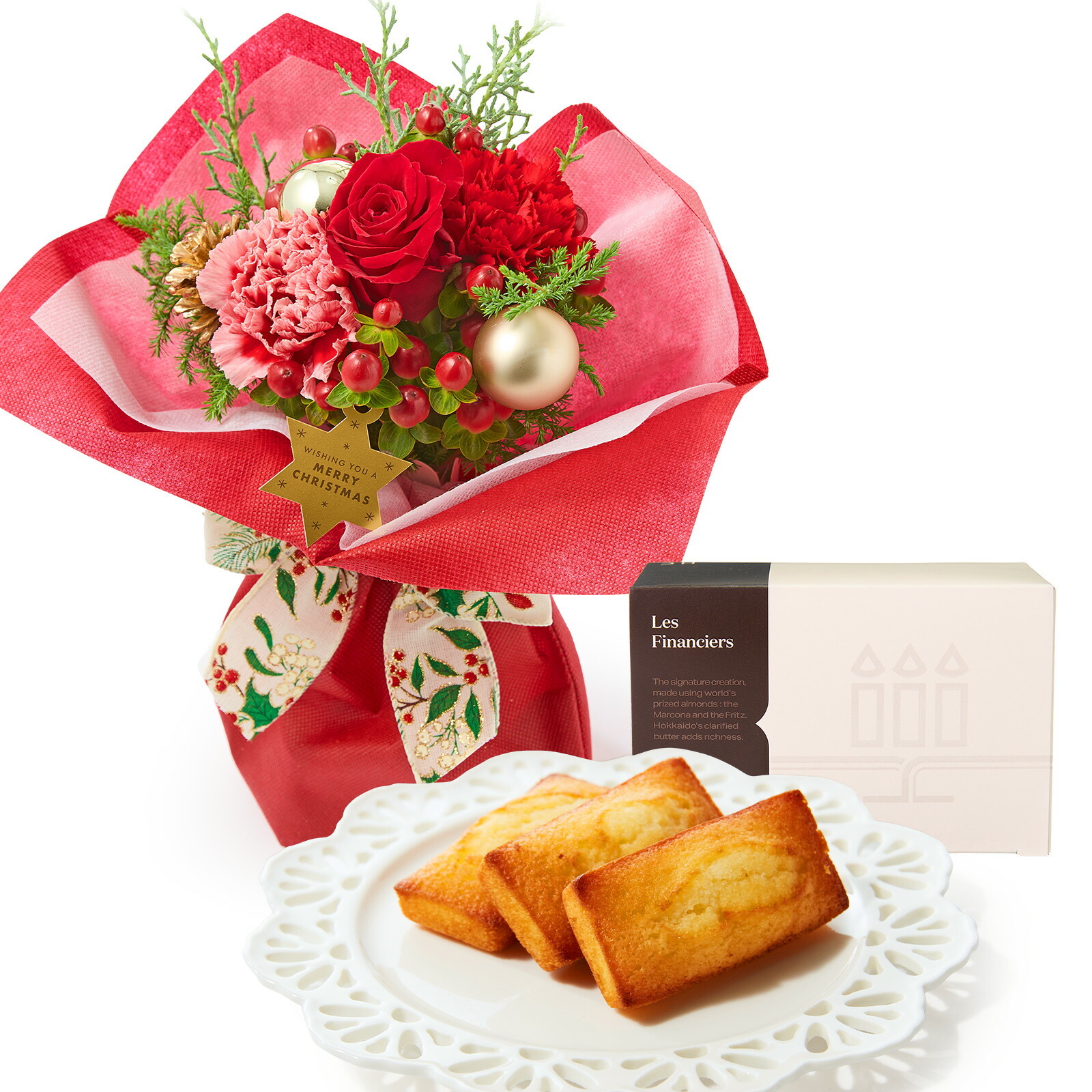 そのまま飾れるブーケ(クリスマスver、Sサイズ) と アンリ・シャルパンティエ フィナンシェ のセット クリスマスカード付き