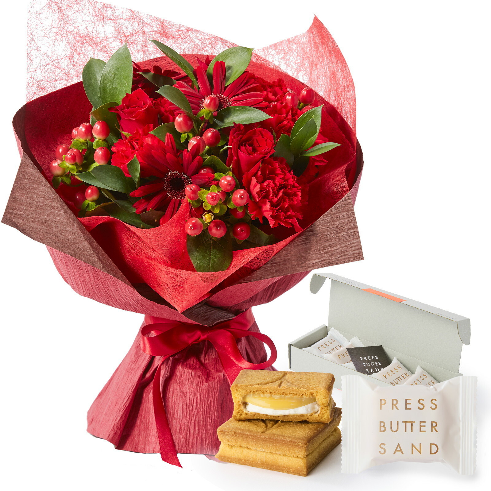 そのまま飾れるブーケ(赤色、Mサイズ) と プレスバターサンド バターサンド のセット【母の日カード付き】