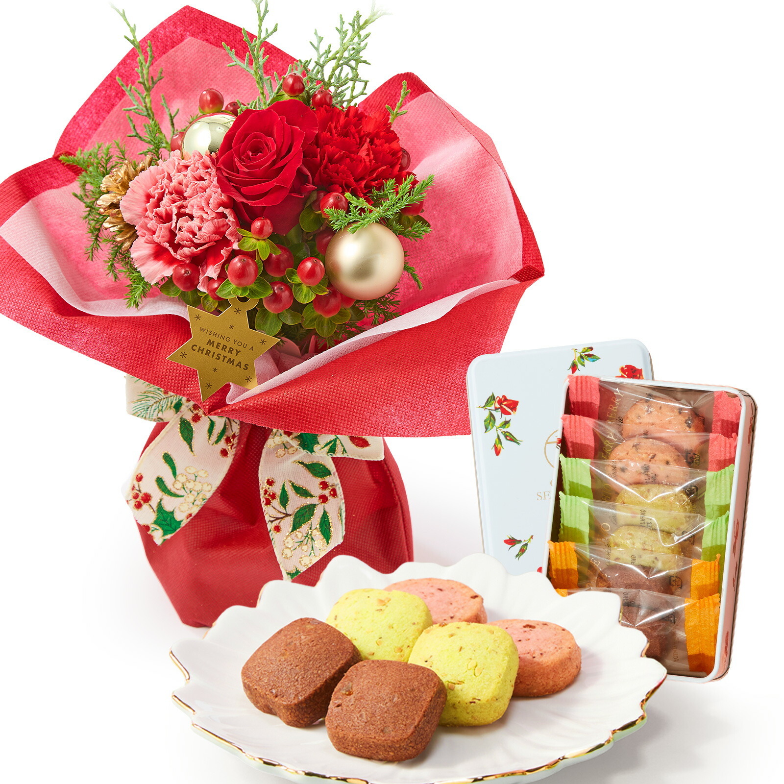 そのまま飾れるブーケ(クリスマスver、Sサイズ) と 銀座千疋屋クッキー のセット クリスマスカード付き