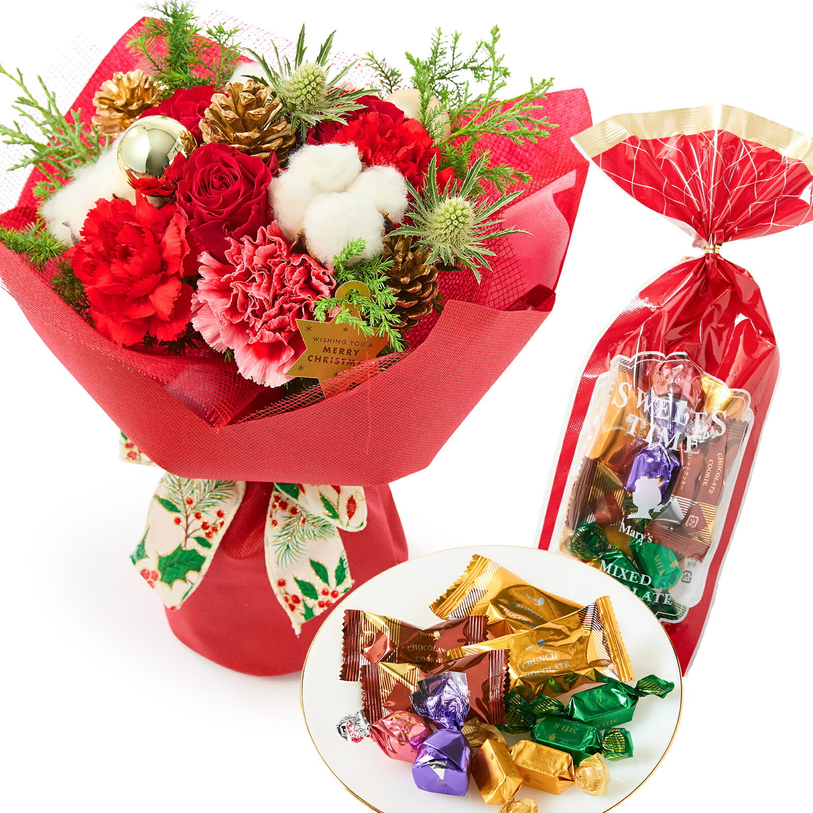 そのまま飾れるブーケ(クリスマスver、Mサイズ) と メリーチョコレート チョコレートミックス のセット クリスマスカード付き
