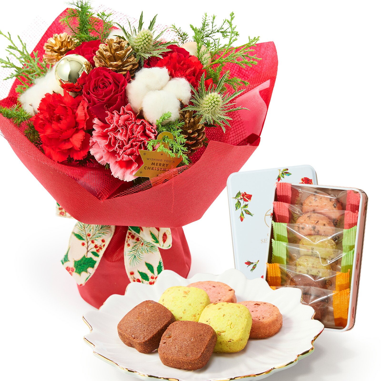 そのまま飾れるブーケ(クリスマスver、Mサイズ) と 銀座千疋屋クッキー のセット クリスマスカード付き