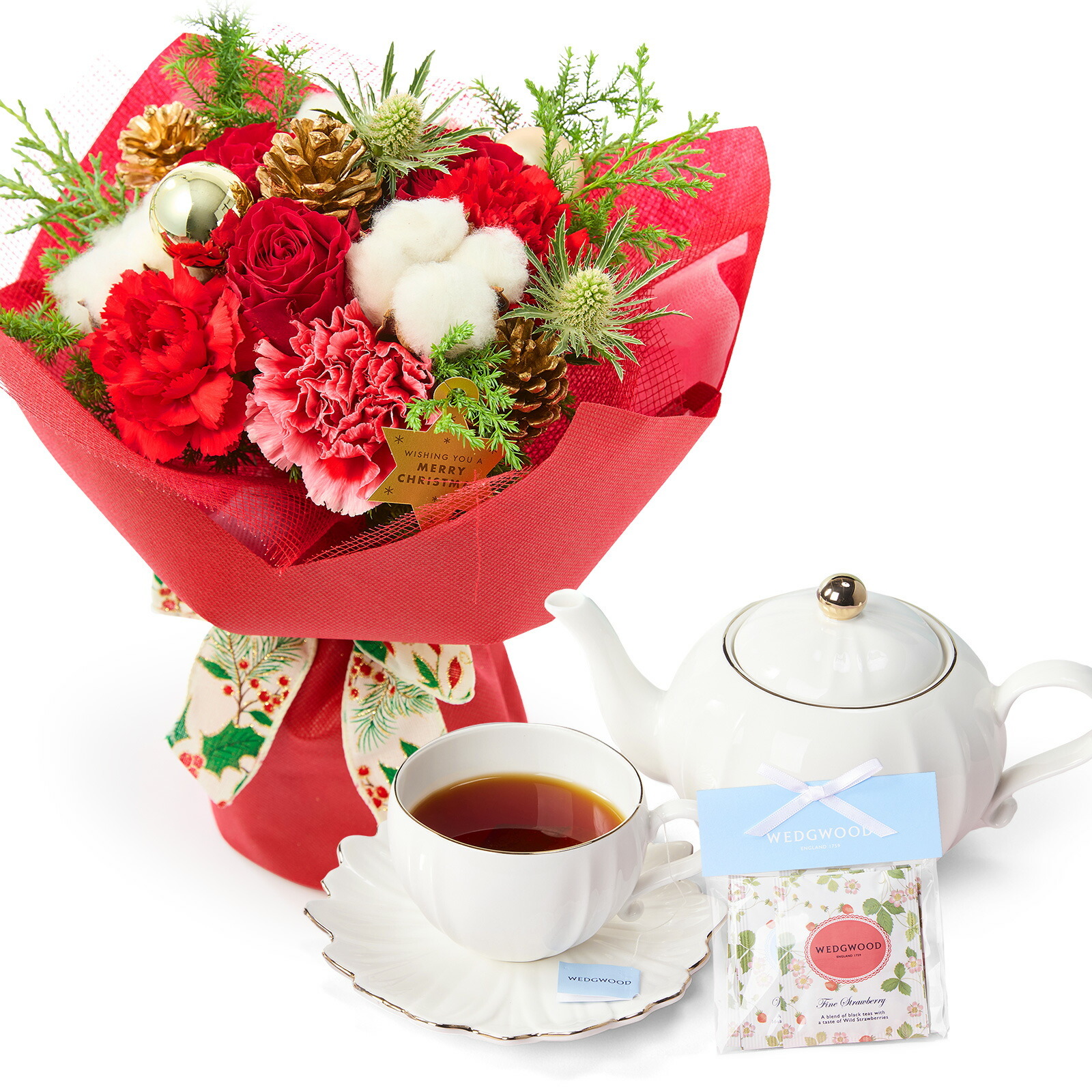 そのまま飾れるブーケ(クリスマスver、Mサイズ) と WEDGWOOD紅茶 のセット クリスマスカード付き