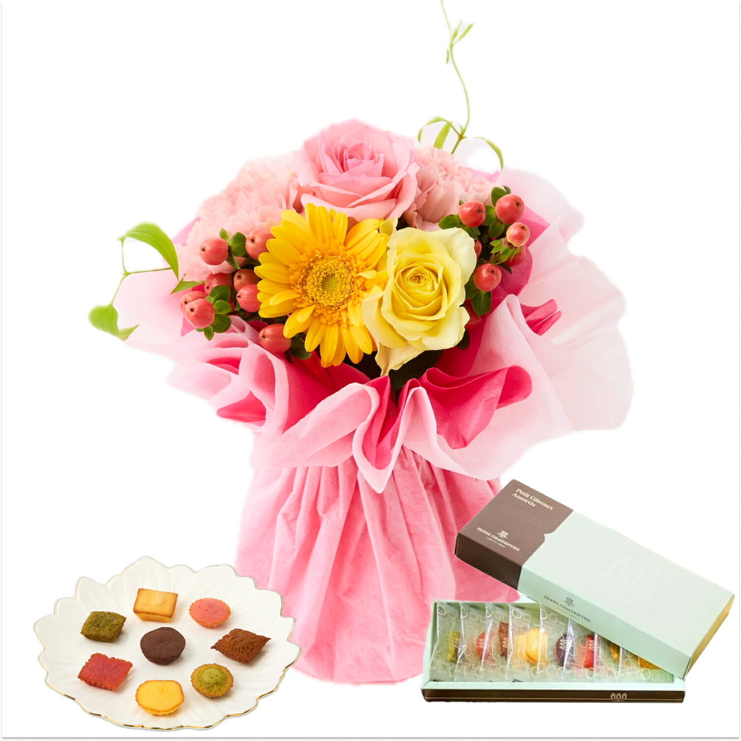 そのまま飾れるブーケ(カラフル、Sサイズ) と アンリ・シャルパンティエ プティ・ガトー・アソルティ のセット