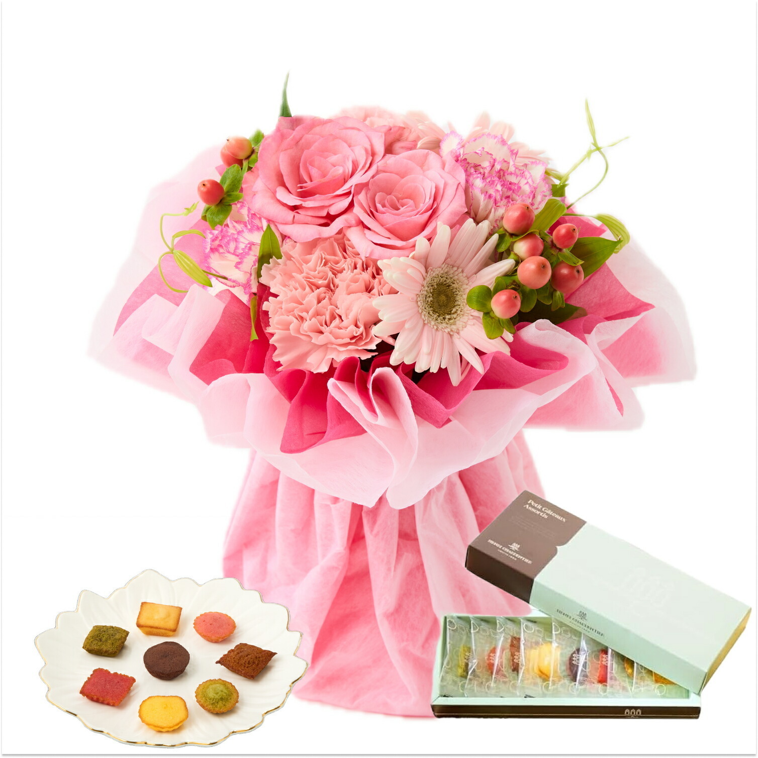 そのまま飾れるブーケ(ピンク、Sサイズ) と アンリ・シャルパンティエ プティ・ガトー・アソルティ のセット