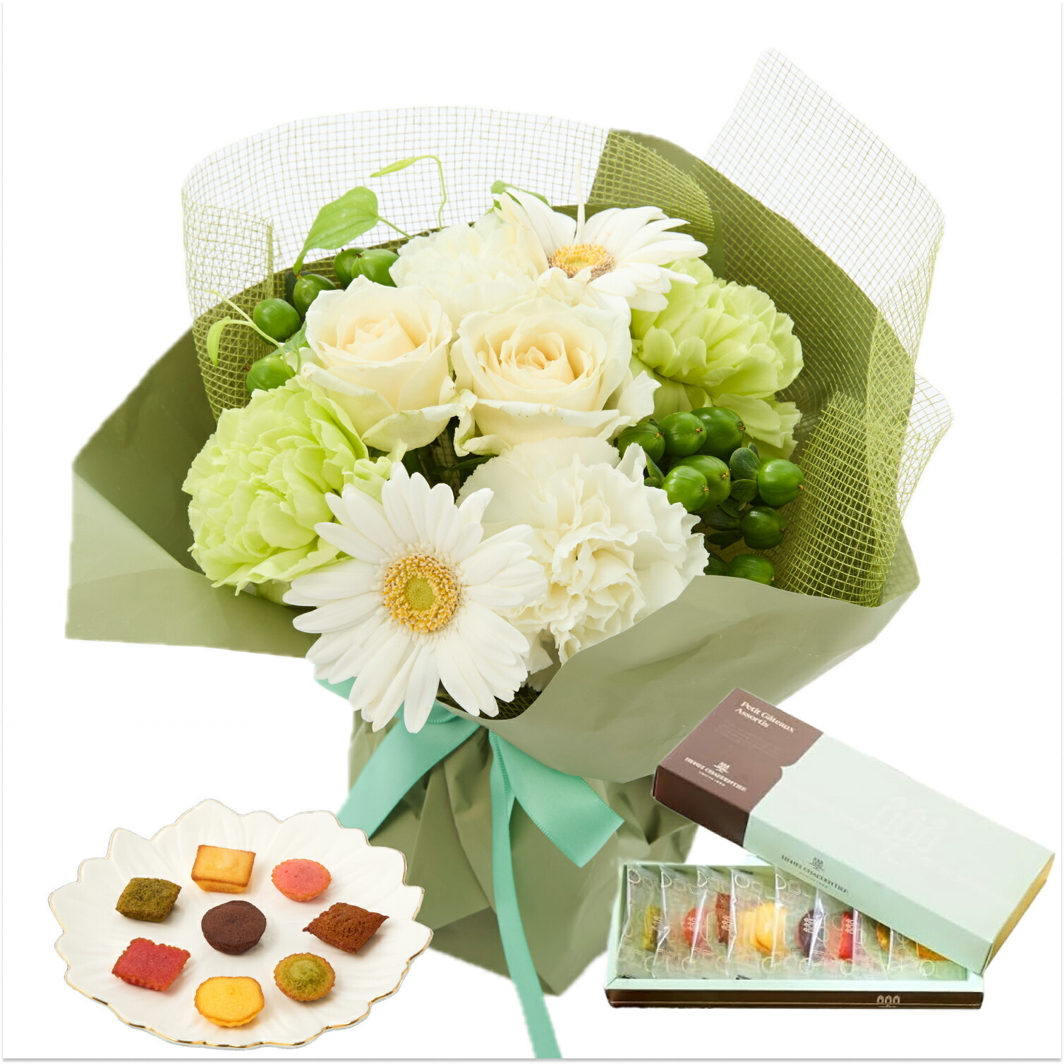 そのまま飾れるブーケ(白色、Sサイズ) と アンリ・シャルパンティエ プティ・ガトー・アソルティ のセット