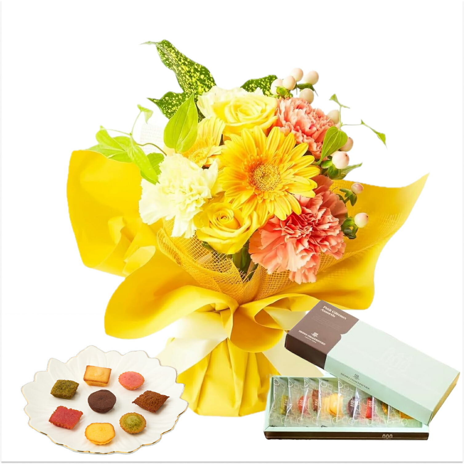 そのまま飾れるブーケ(黄色、Sサイズ) と アンリ・シャルパンティエ プティ・ガトー・アソルティ のセット