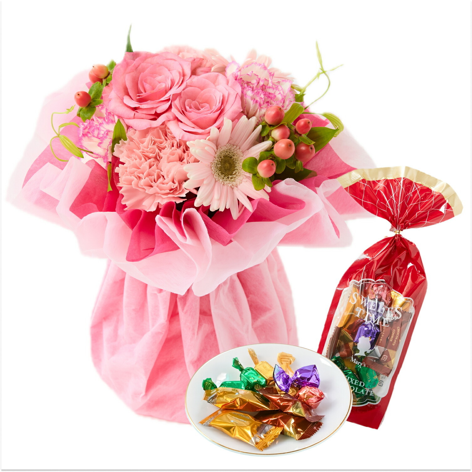 そのまま飾れるブーケ(ピンク、Sサイズ) と メリーチョコレート チョコレートミックス のセット
