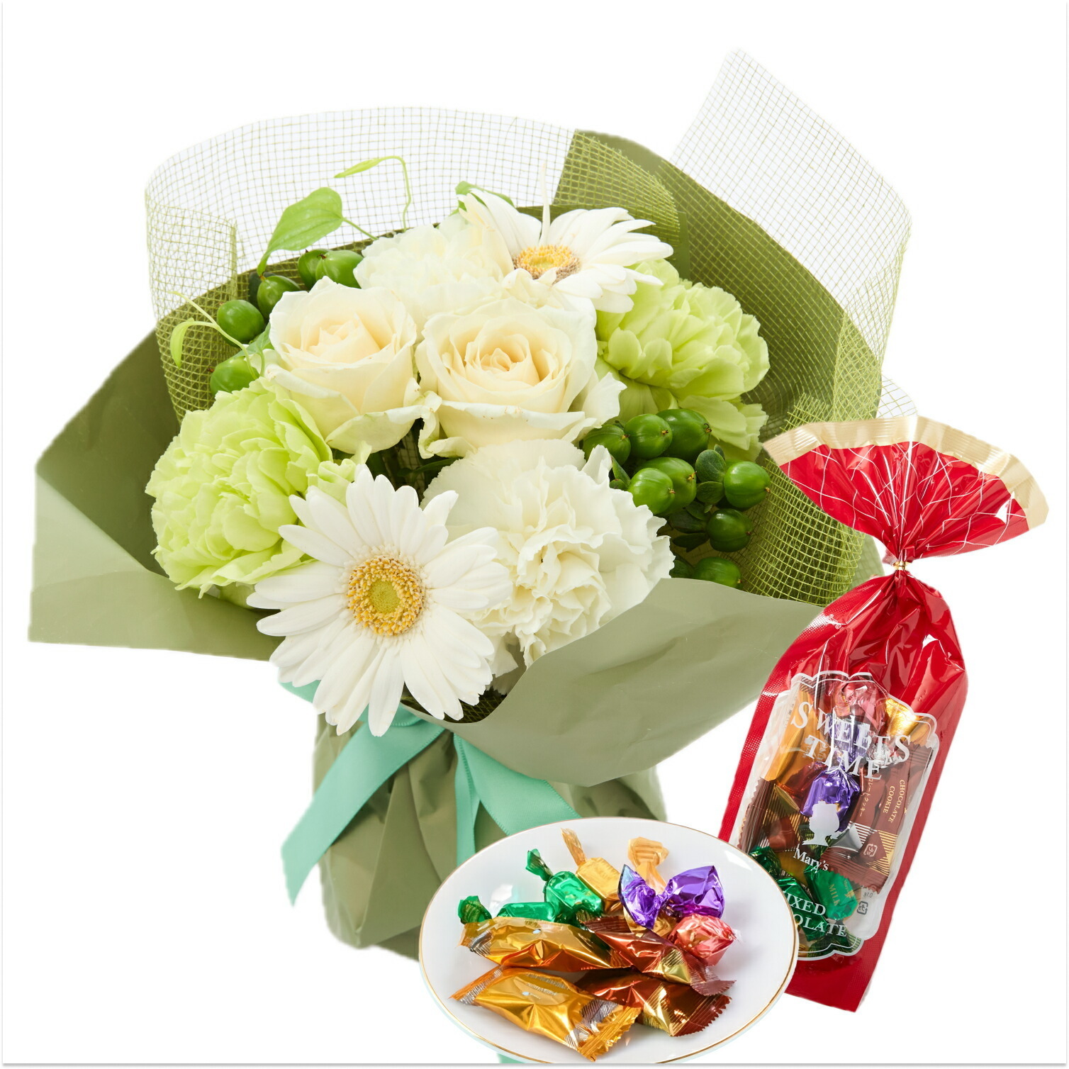 そのまま飾れるブーケ(白色、Sサイズ) と メリーチョコレート チョコレートミックス のセット