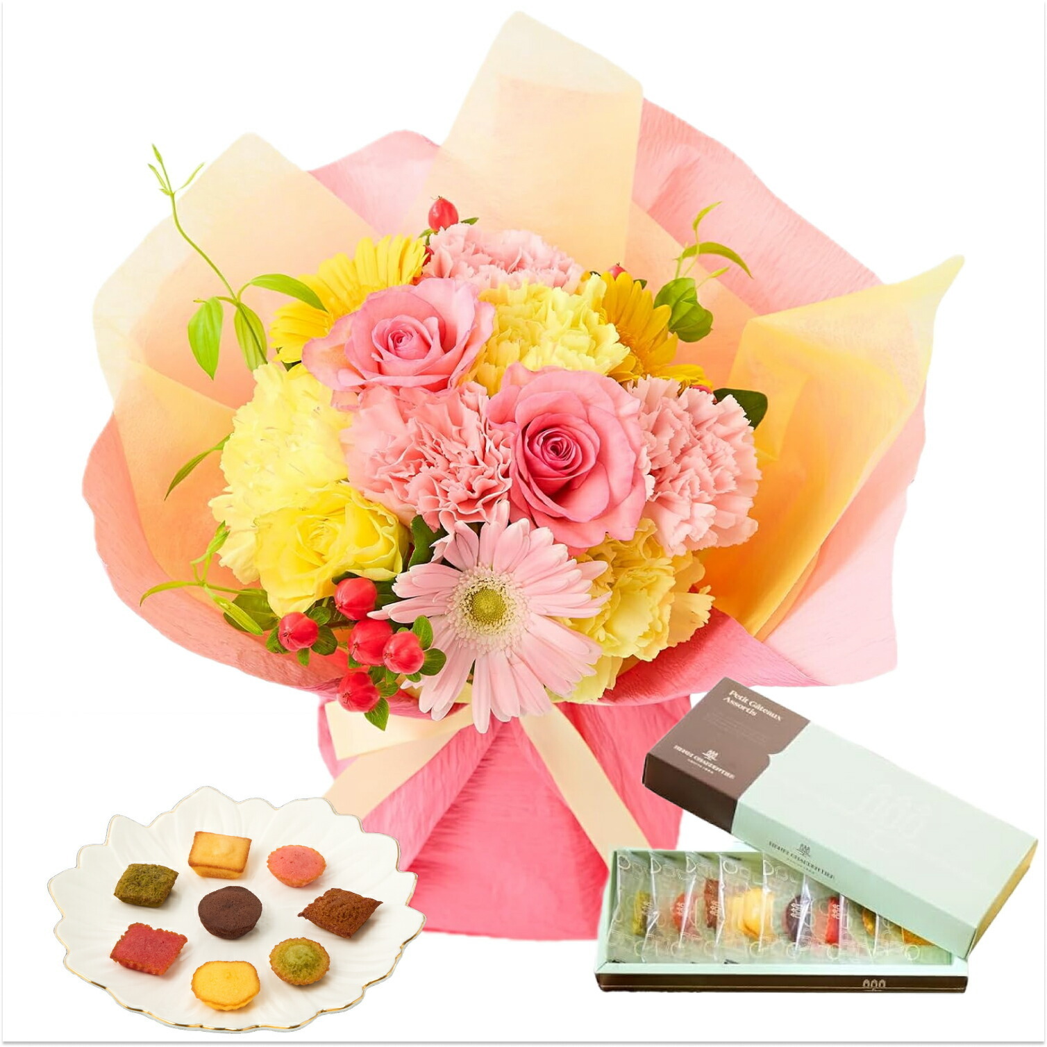 そのまま飾れるブーケ(カラフル、Mサイズ) と アンリ・シャルパンティエ プティ・ガトー・アソルティ のセット