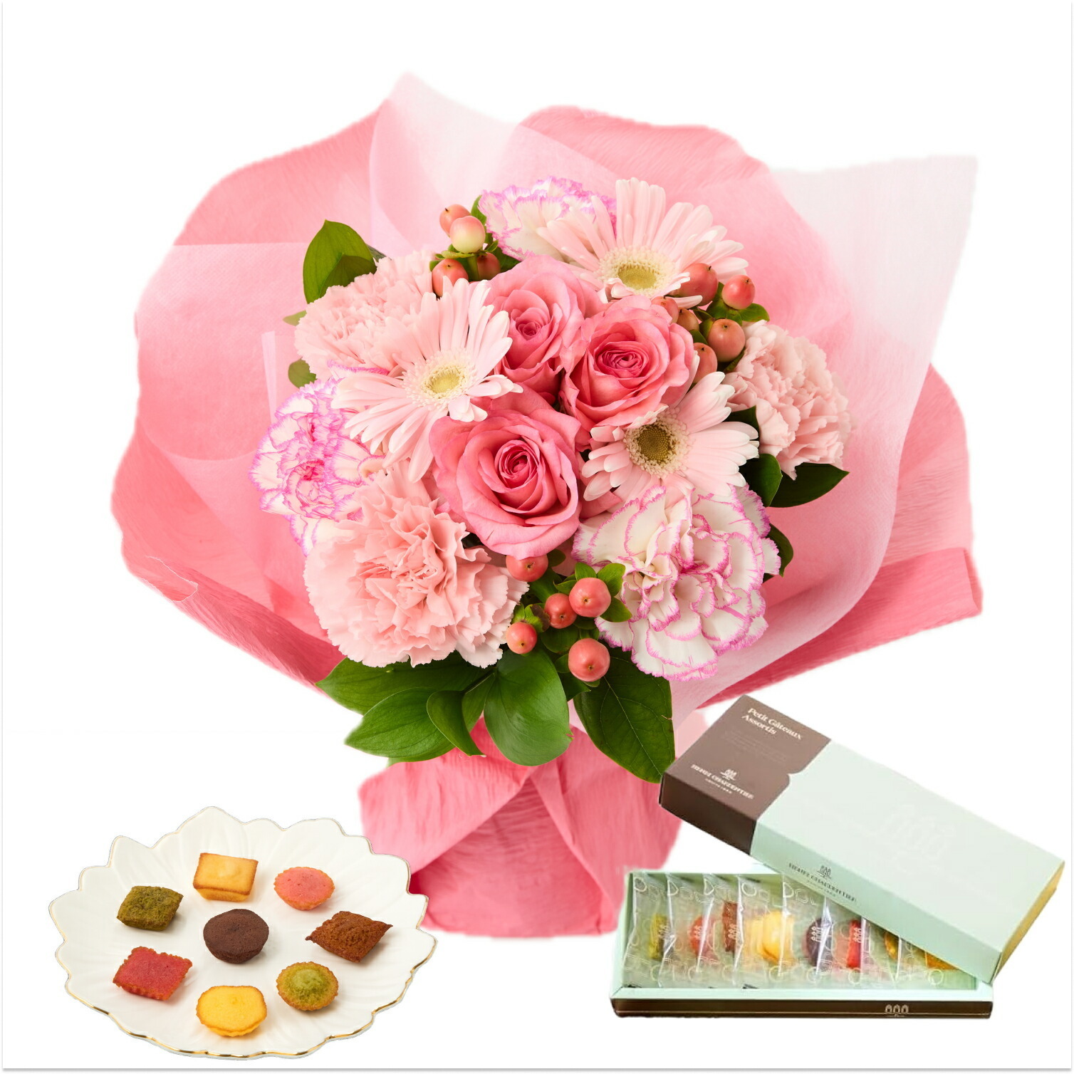 そのまま飾れるブーケ(ピンク、Mサイズ) と アンリ・シャルパンティエ プティ・ガトー・アソルティ のセット