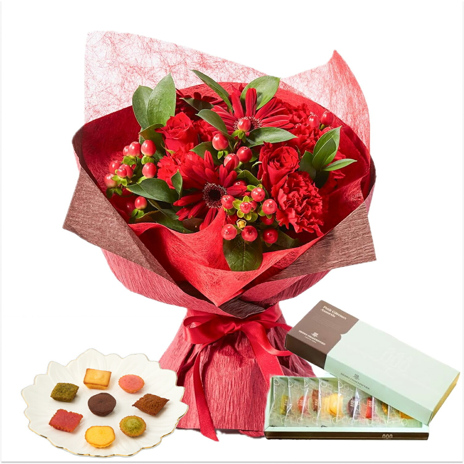 そのまま飾れるブーケ(赤色、Mサイズ) と アンリ・シャルパンティエ プティ・ガトー・アソルティ のセット