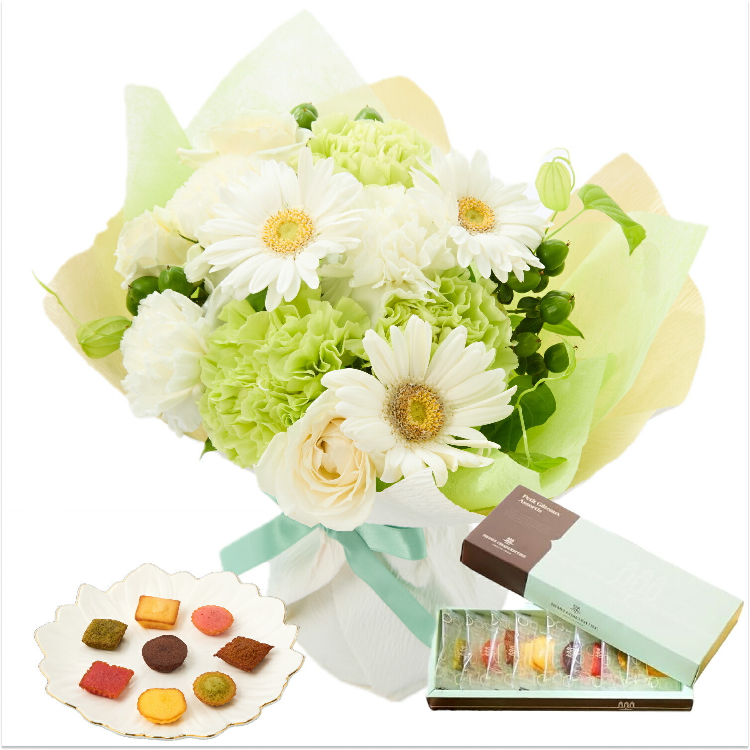 そのまま飾れるブーケ(白色、Mサイズ) と アンリ・シャルパンティエ プティ・ガトー・アソルティ のセット