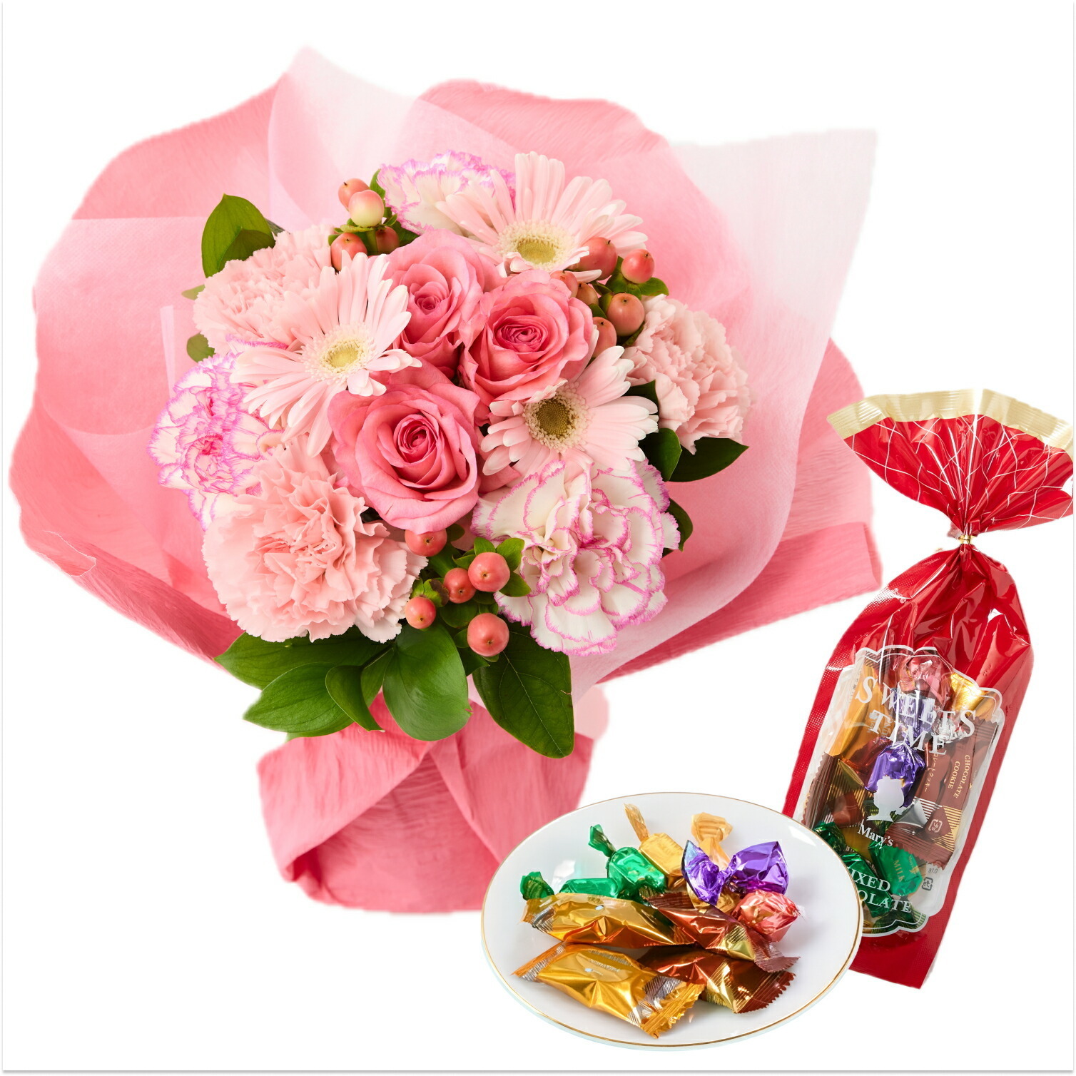 そのまま飾れるブーケ(ピンク、Mサイズ) と メリーチョコレート チョコレートミックス のセット