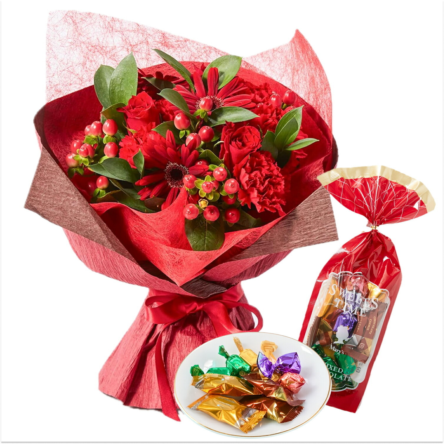 そのまま飾れるブーケ(赤色、Mサイズ) と メリーチョコレート チョコレートミックス のセット