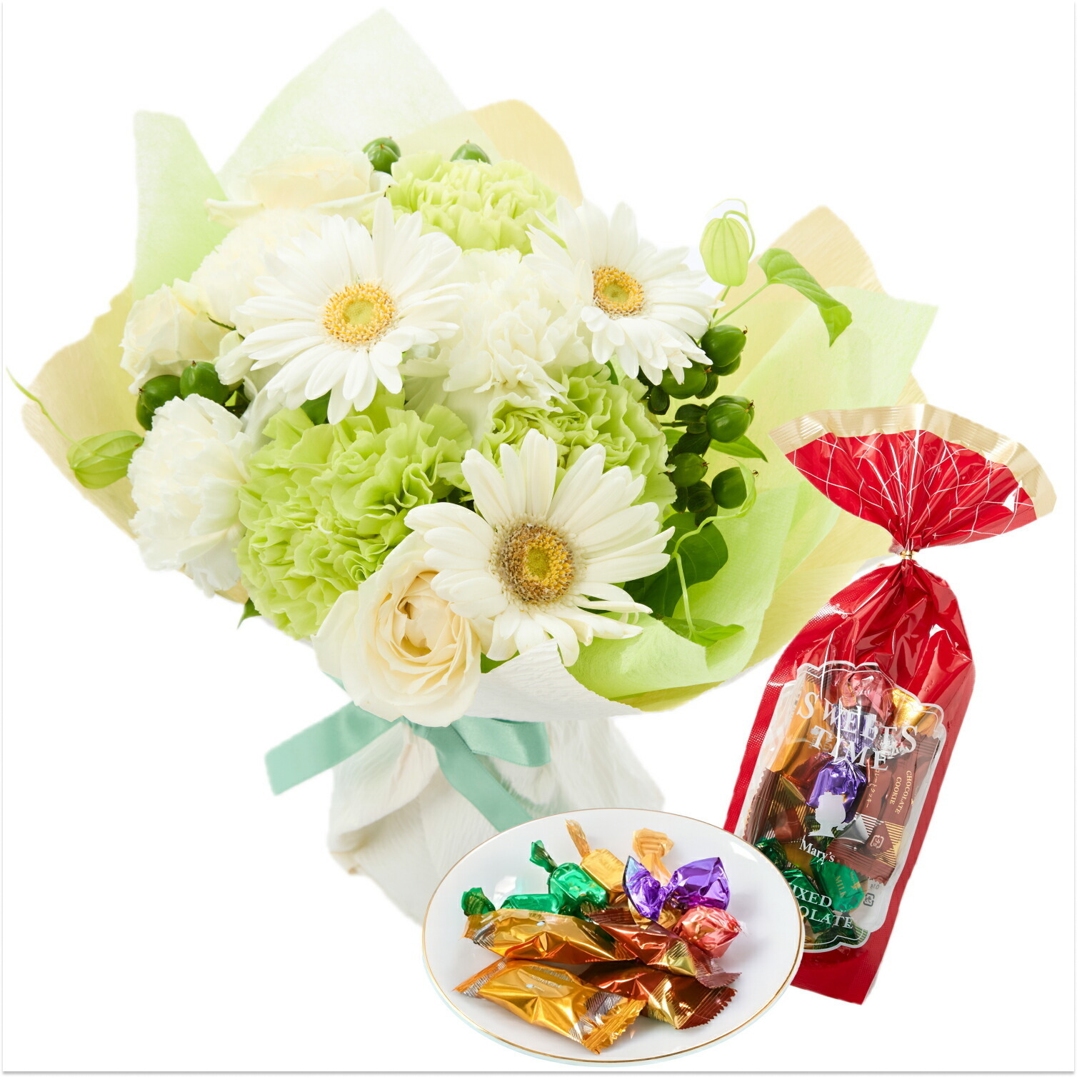 そのまま飾れるブーケ(白色、Mサイズ) と メリーチョコレート チョコレートミックス のセット