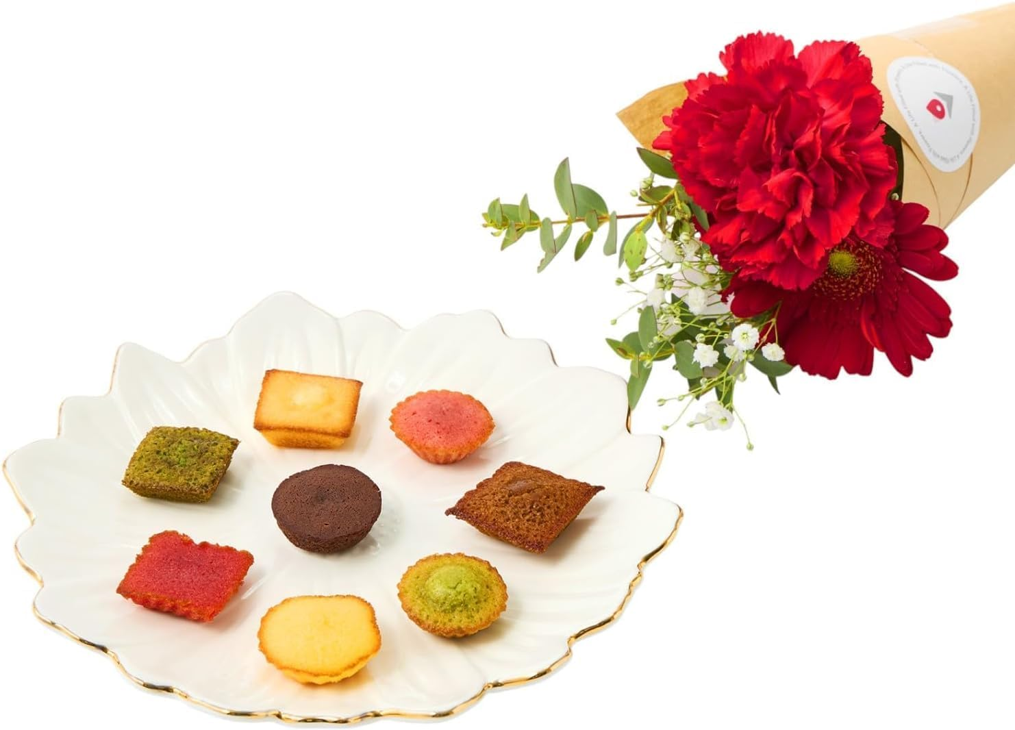 アンリ・シャルパンティエ　プティ・ガトー・アソルティと 季節のお花ブーケ(4本)セット クリスマスカード付き