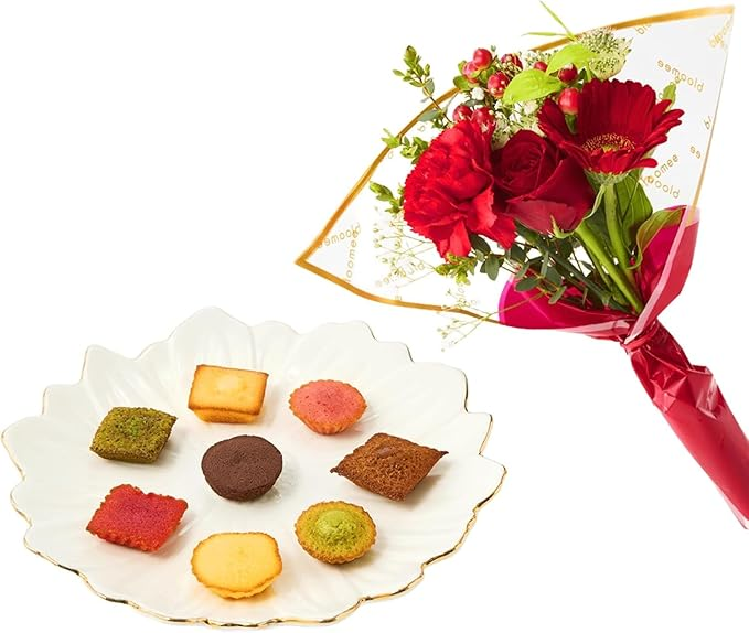 アンリ・シャルパンティエ　プティ・ガトー・アソルティと 季節のお花ブーケ(8本)セット クリスマスカード付き