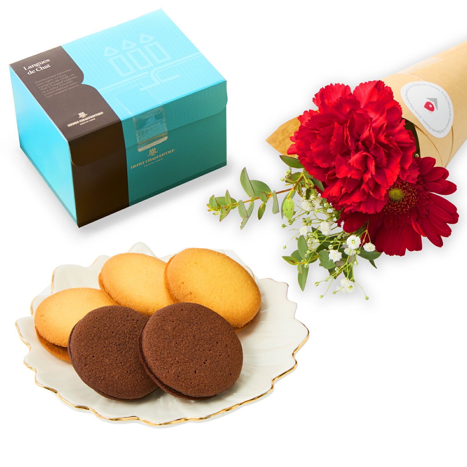 アンリ・シャルパンティエ　ラング・ド・シャと 季節のお花ブーケ(4本)セット クリスマスカード付き