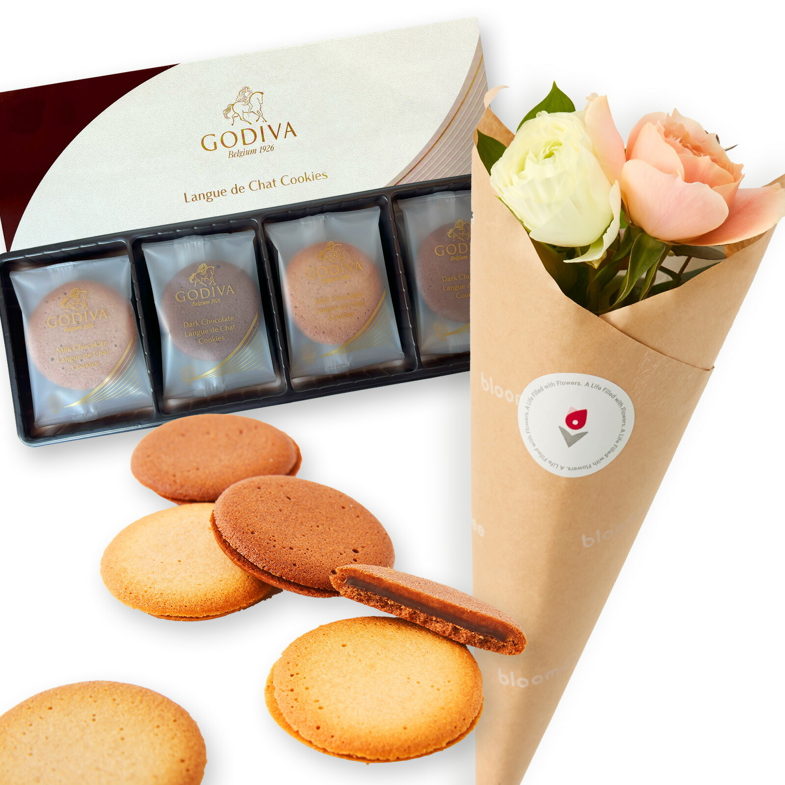 ゴディバ クッキーアソートメント と 季節のお花ブーケ(4本)セット クリスマスカード付き