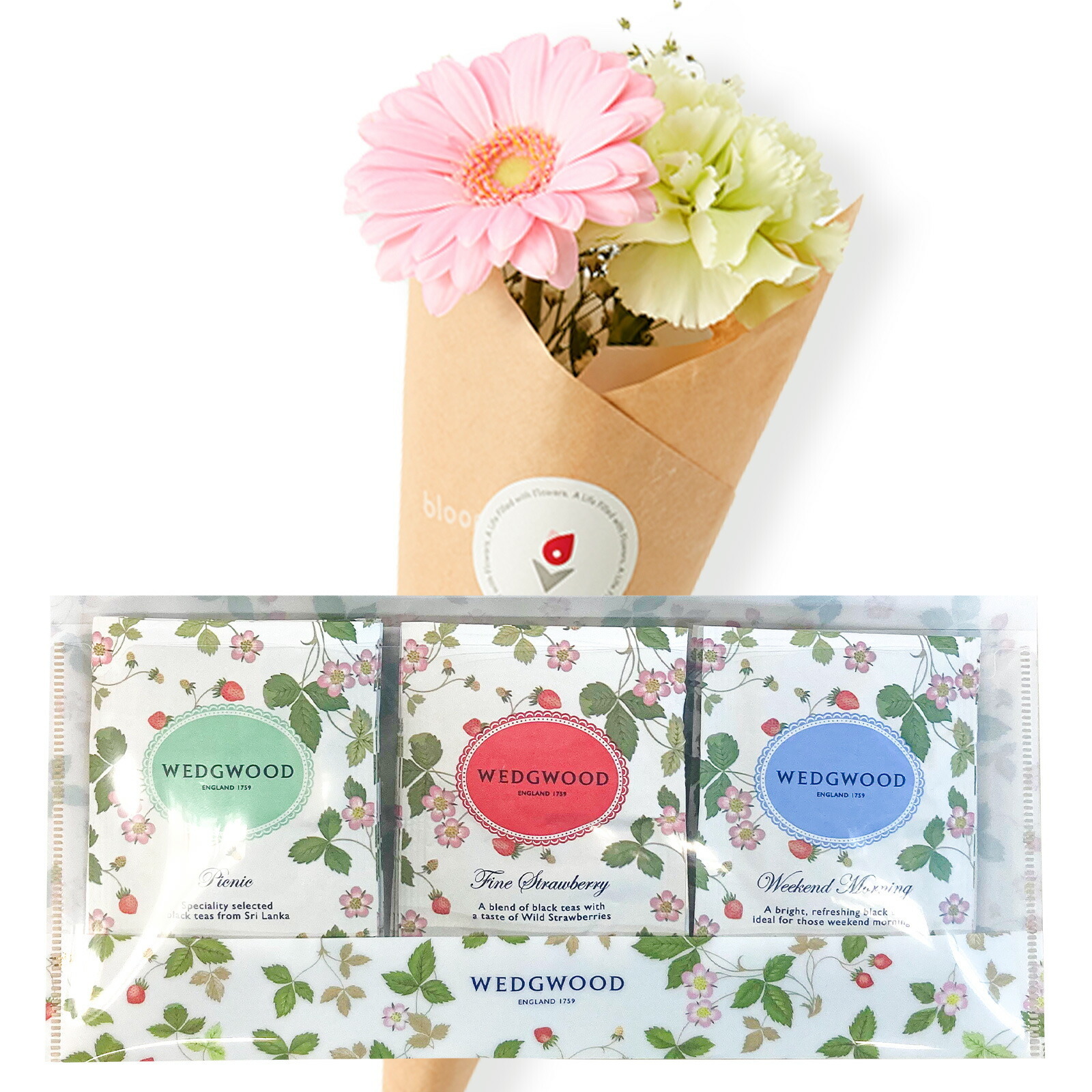 WEDGWOOD ワイルド ストロベリー ティーパック と 季節のお花ブーケ(4本)セット クリスマスカード付き