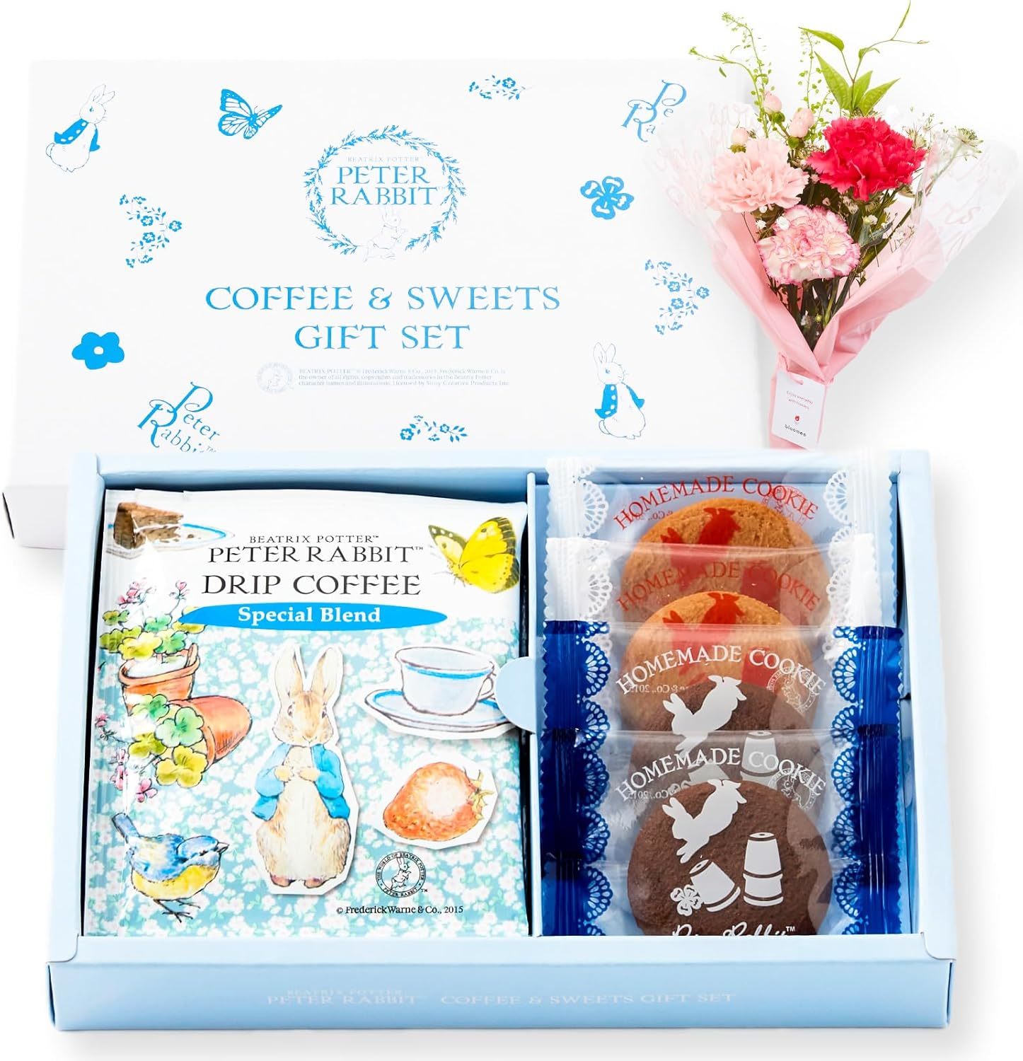 ピーターラビット コーヒー＆スイーツギフト と 季節のお花ブーケ(8本)セット クリスマスカード付き