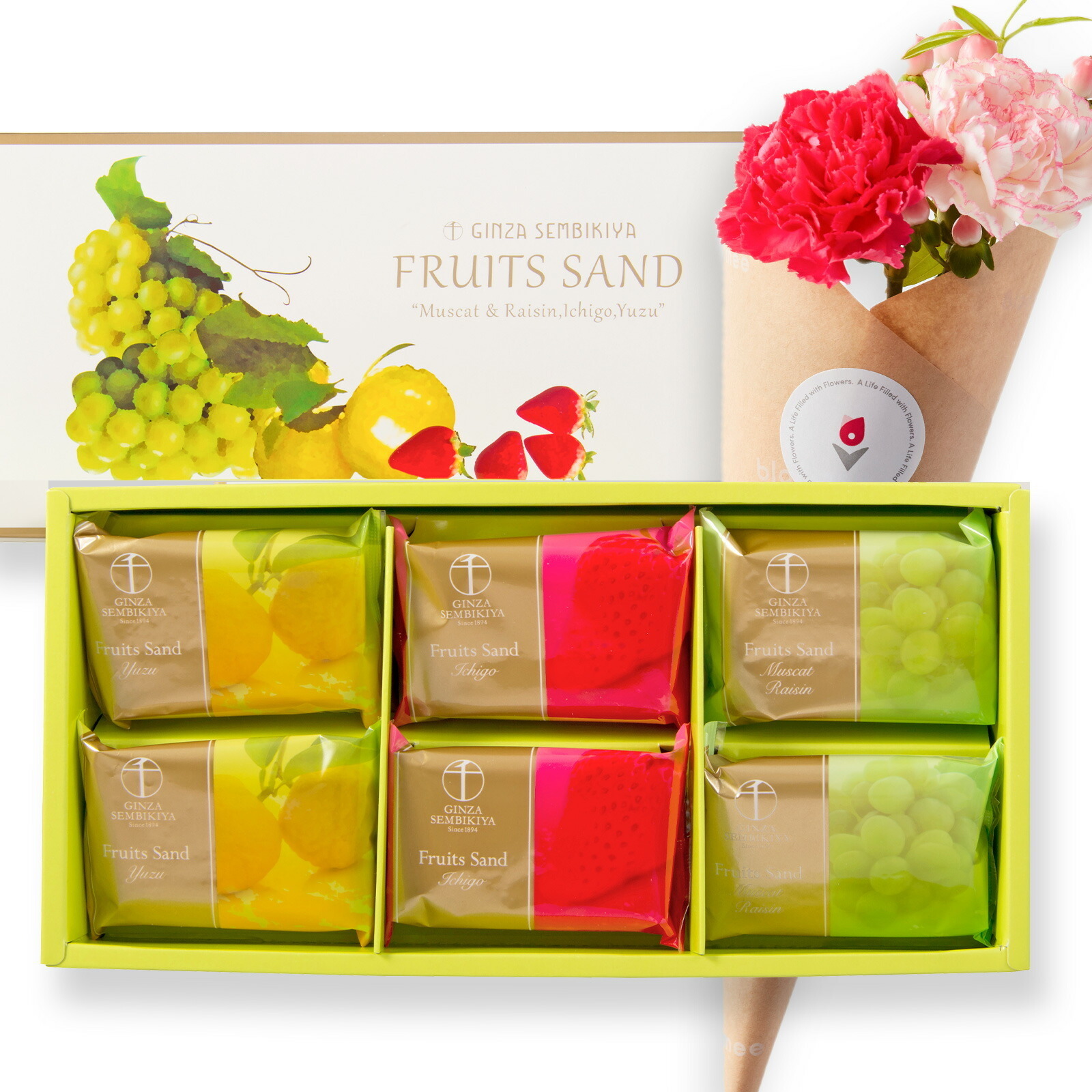 銀座千疋屋 銀座フルーツサンド と 季節のお花ブーケ(4本)セット クリスマスカード付き