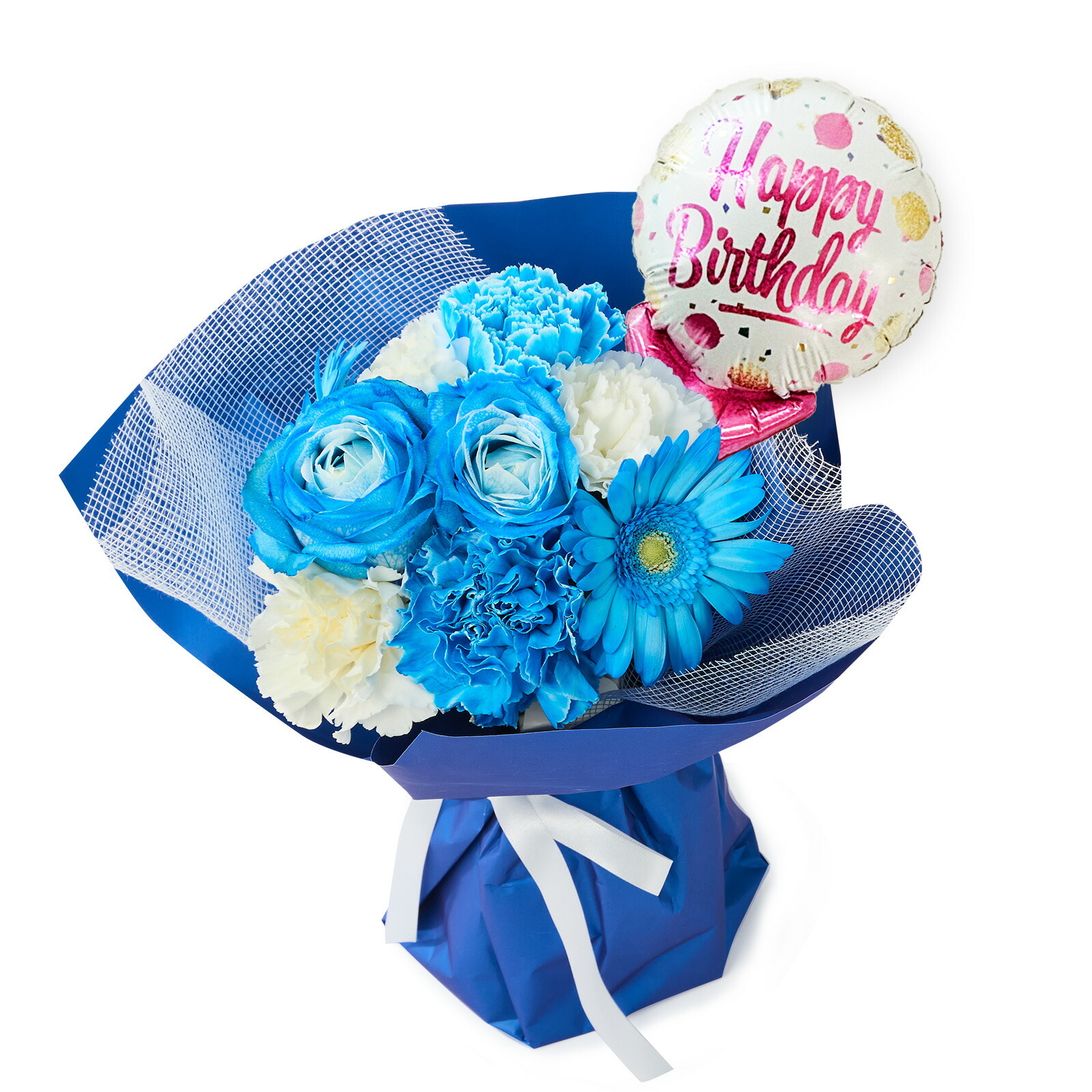 そのまま飾れるブーケ(ブルー、Sサイズ) Happy Birthdayバルーン付き