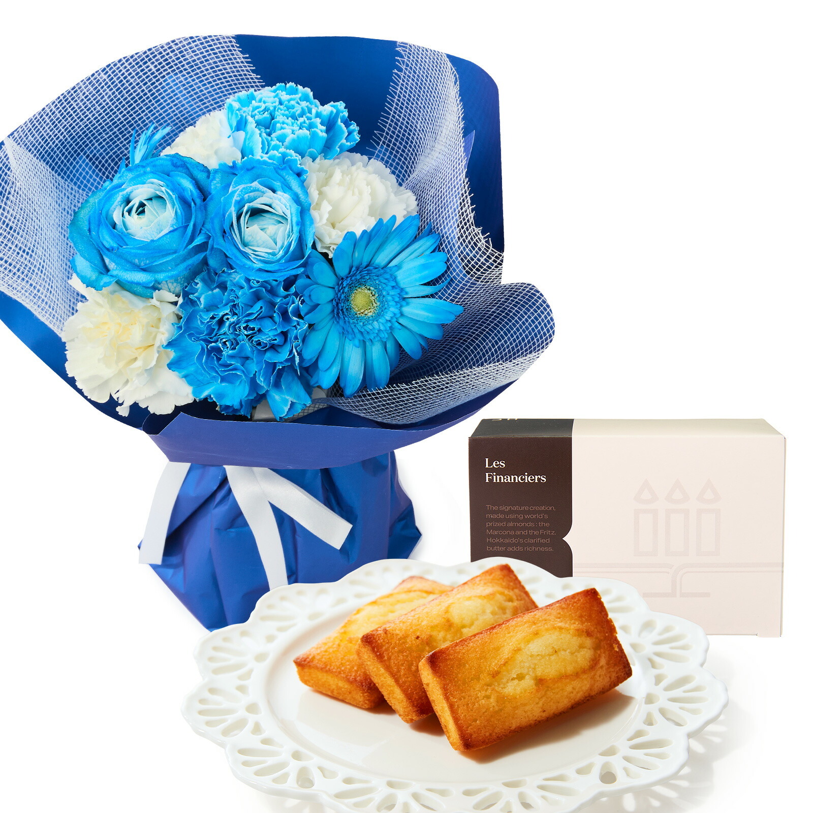 そのまま飾れるブーケ(ブルー、Sサイズ) と アンリ・シャルパンティエ フィナンシェ のセット