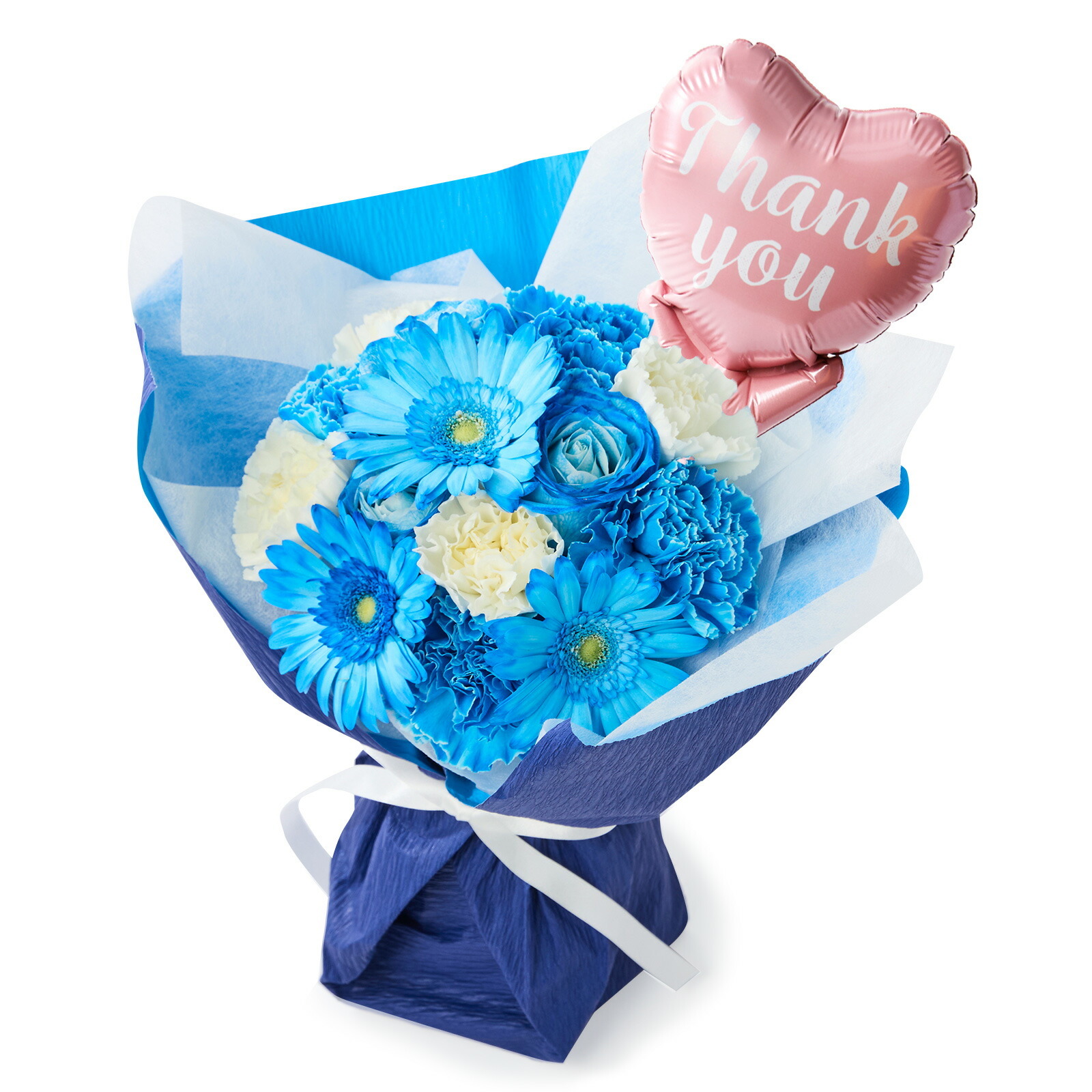 そのまま飾れるブーケ(ブルー、Mサイズ) Thank youバルーン付き