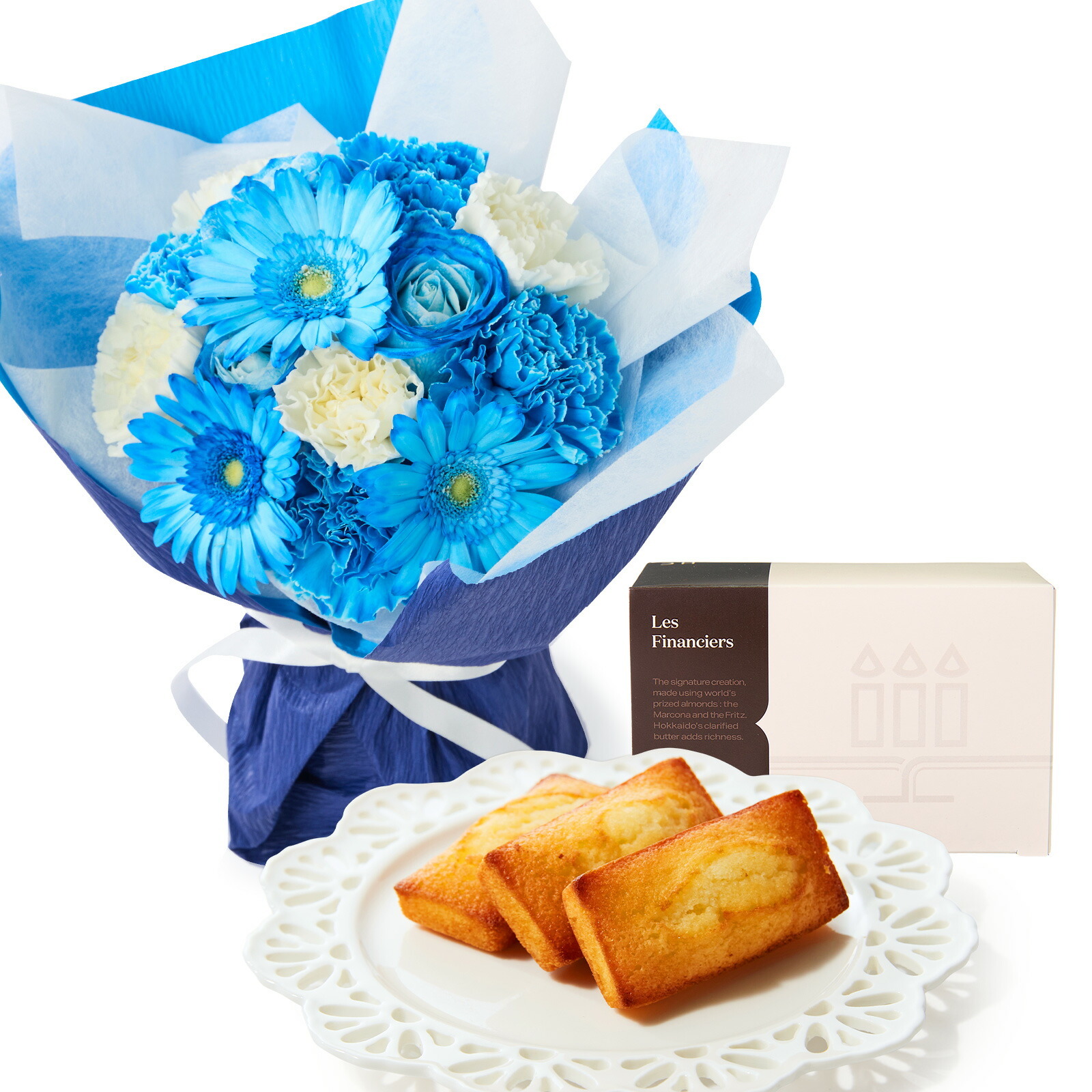 そのまま飾れるブーケ(ブルー、Mサイズ) と アンリ・シャルパンティエ フィナンシェ のセット
