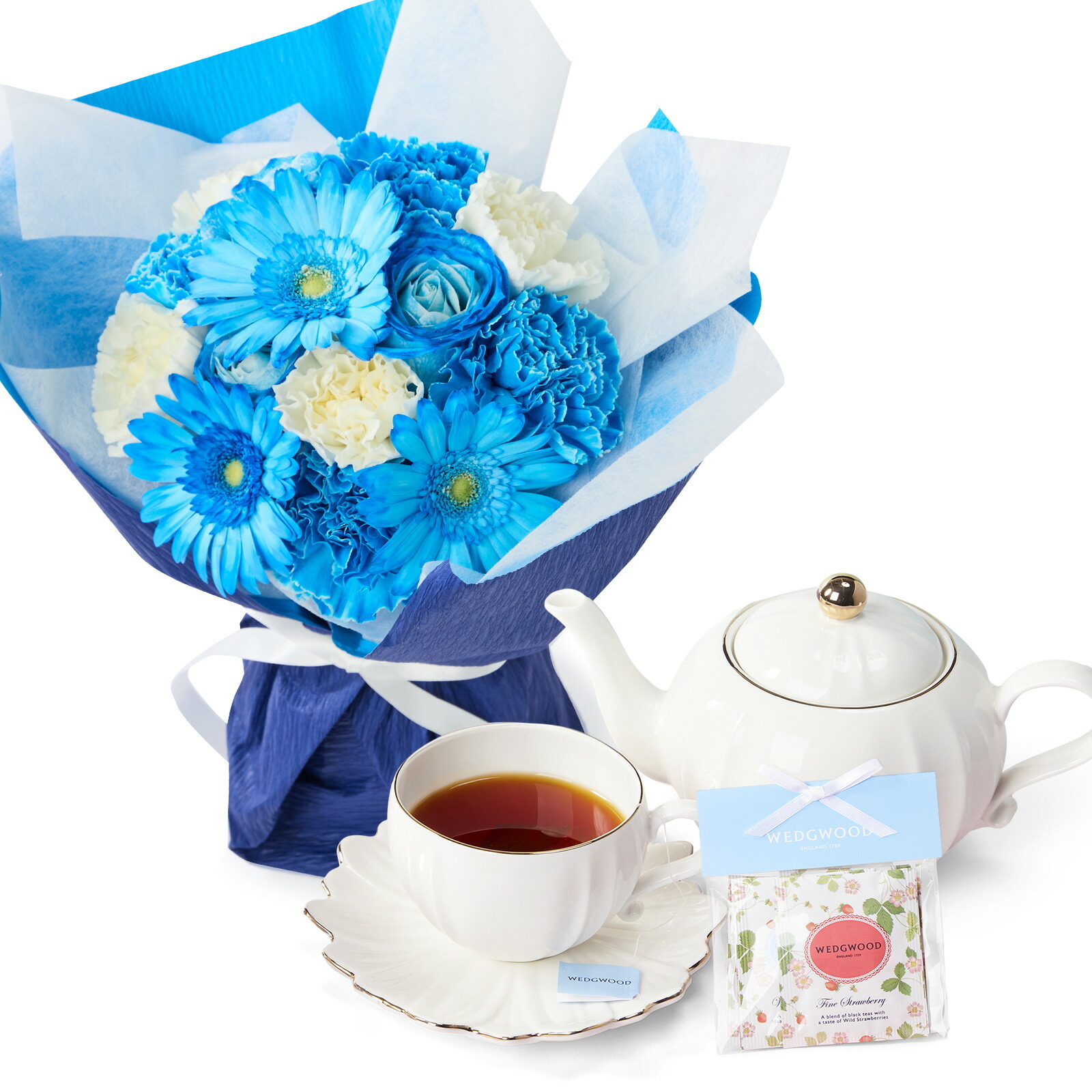 そのまま飾れるブーケ(ブルー、Mサイズ) と WEDGWOOD紅茶 のセット