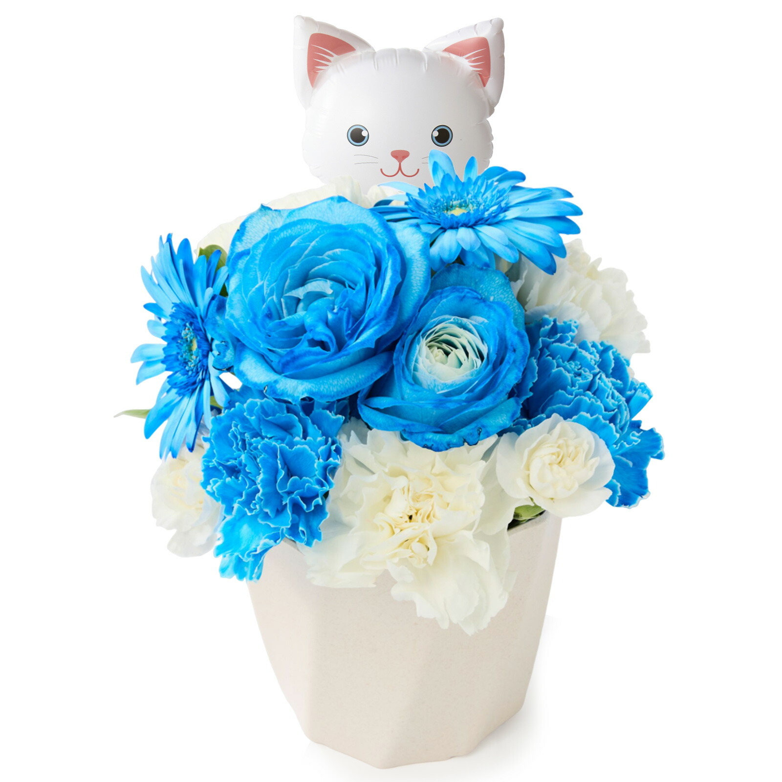 アレンジメント(ブルー)Sサイズ　ねこバルーン付き