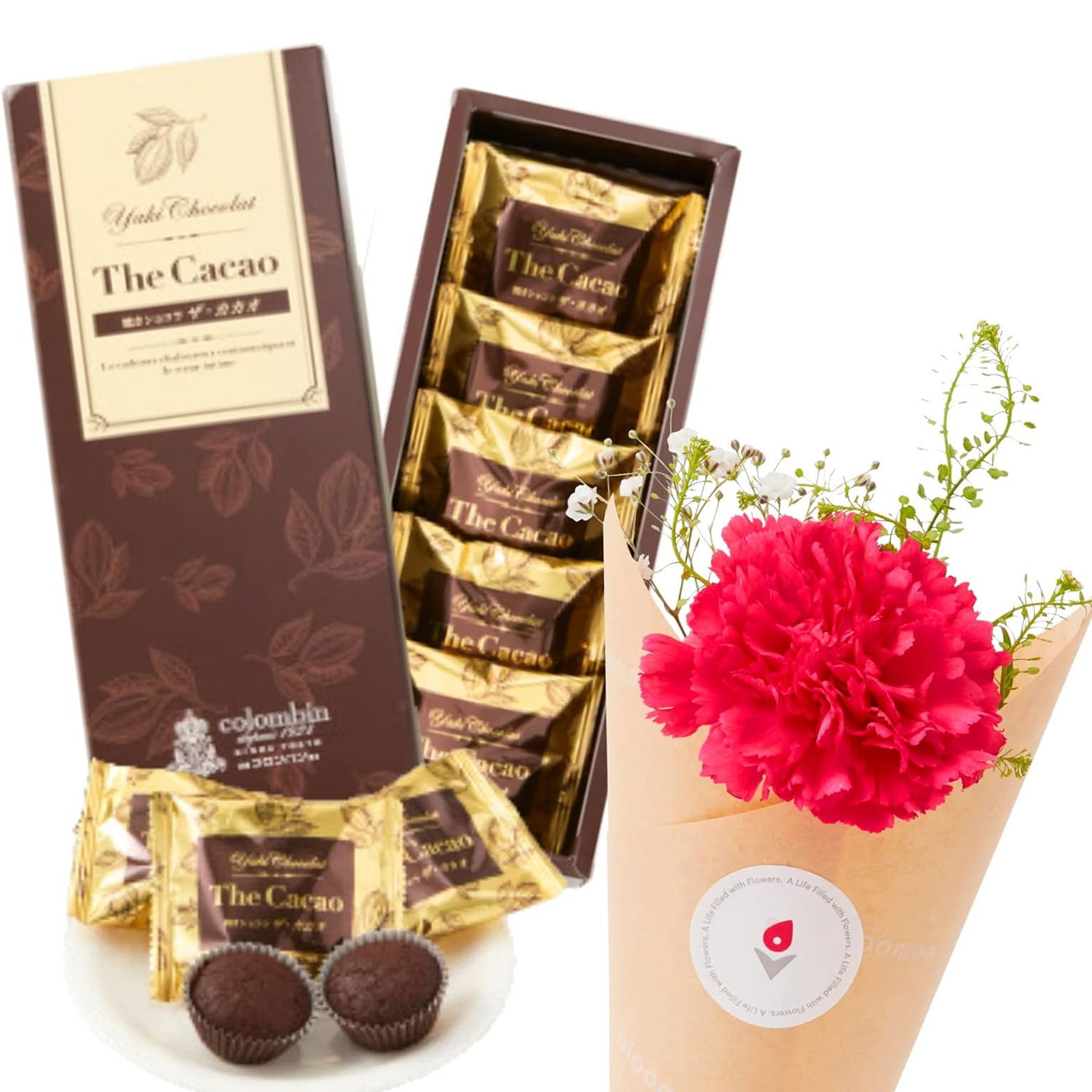 コロンバン 焼きショコラ ザ カカオ5個入 と 季節のお花ブーケ(3本