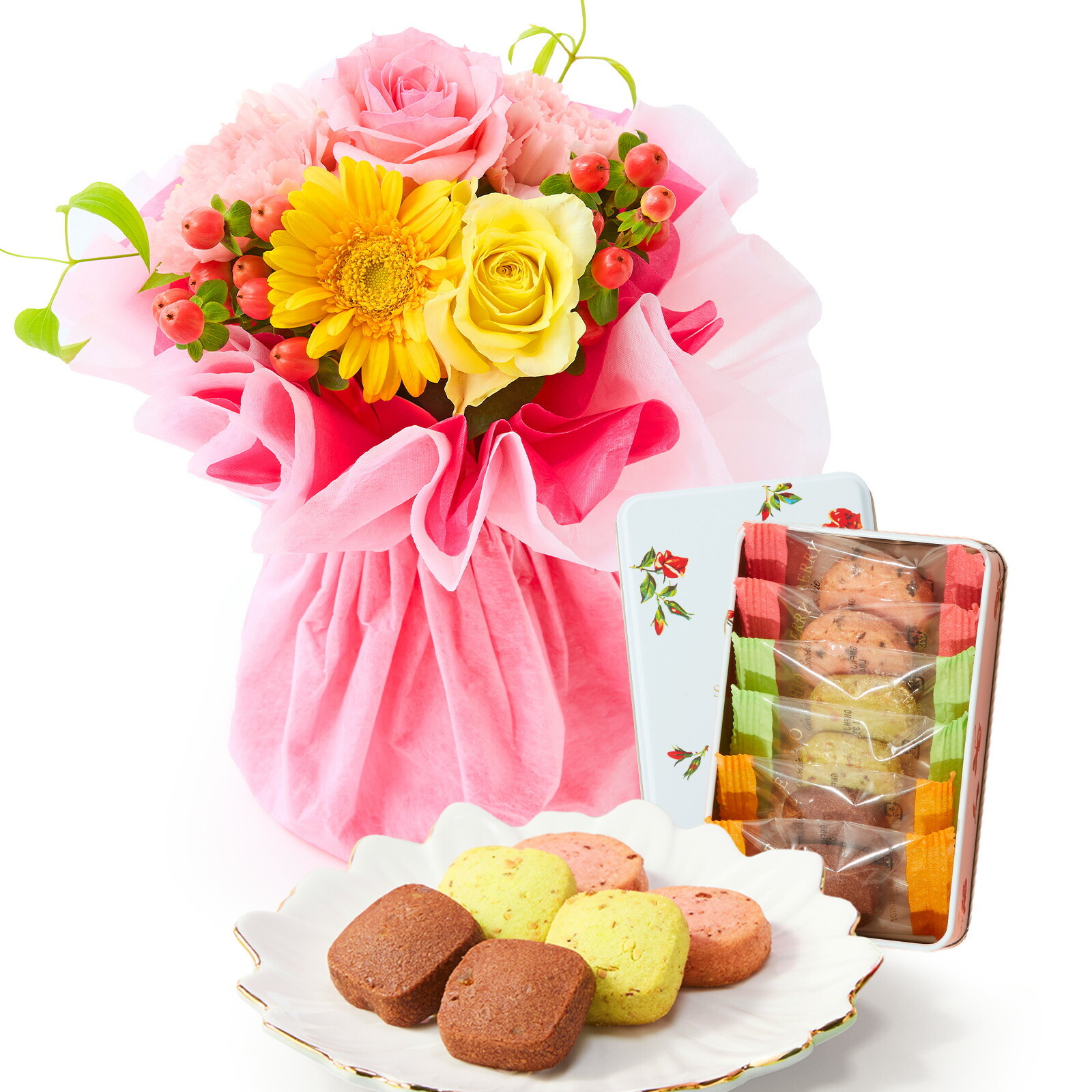 そのまま飾れるブーケ(カラフル、Sサイズ) と 銀座千疋屋クッキー のセット【母の日カード付き】
