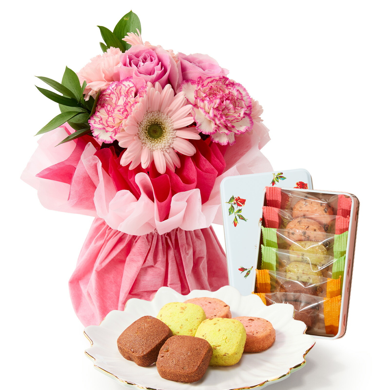 そのまま飾れるブーケ(ピンク、Sサイズ) と 銀座千疋屋クッキー のセット【母の日カード付き】