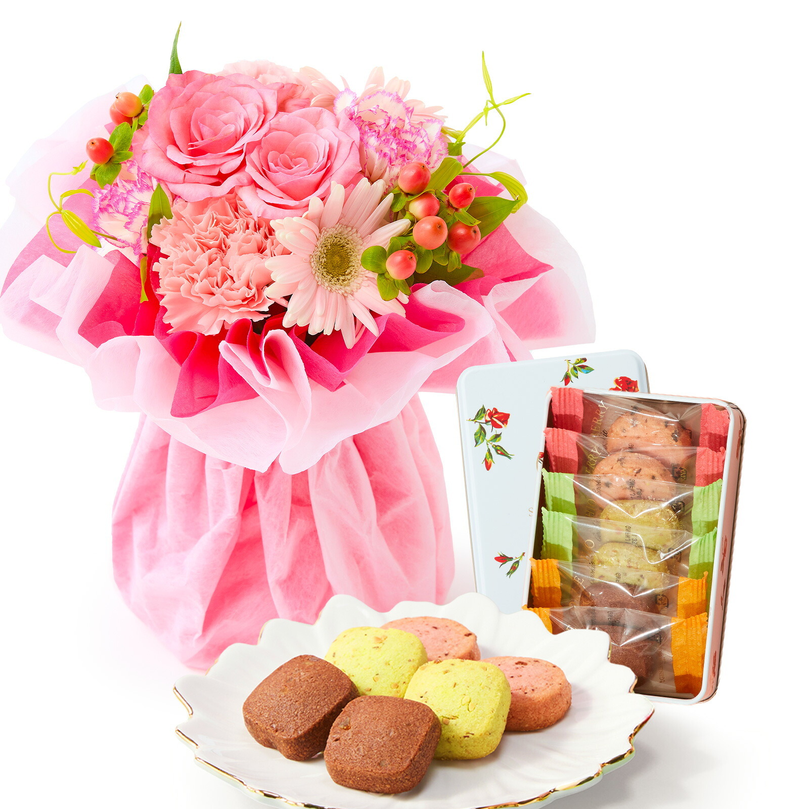 そのまま飾れるブーケ(ピンク、Sサイズ) と 銀座千疋屋クッキー のセット【母の日カード付き】