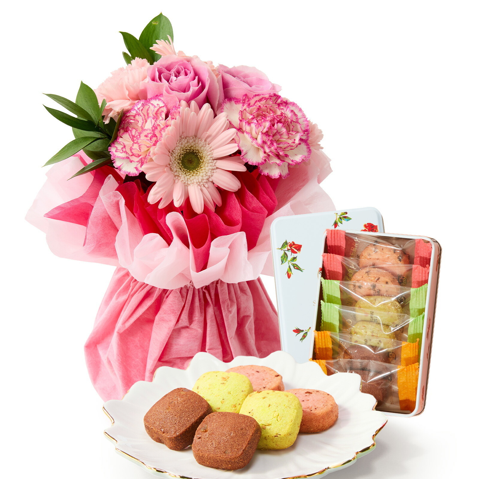そのまま飾れるブーケ(ピンク、Sサイズ) と 銀座千疋屋クッキー のセット【母の日カード付き】