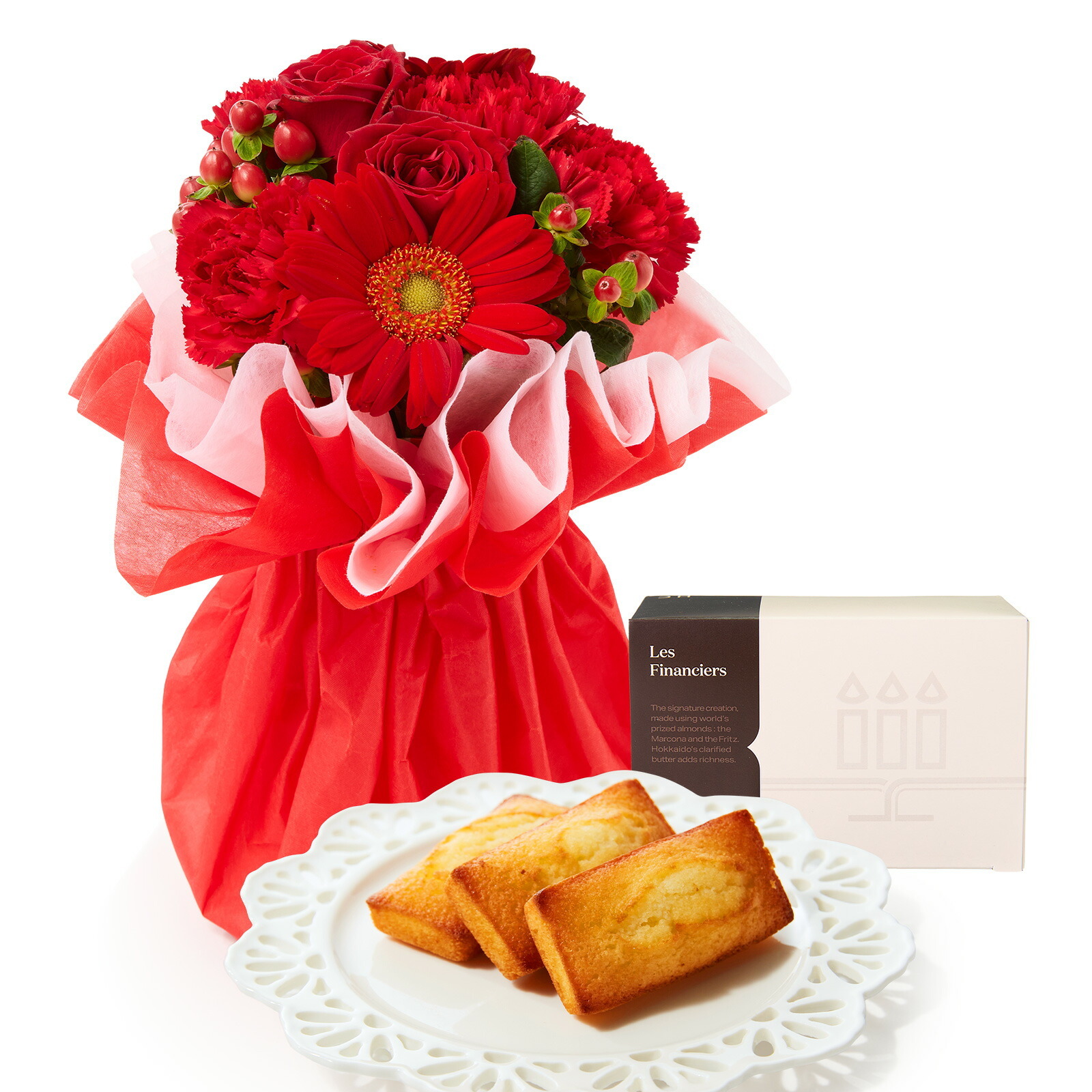 そのまま飾れるブーケ(赤色、Sサイズ) と アンリ・シャルパンティエ フィナンシェ のセット【母の日カード付き】