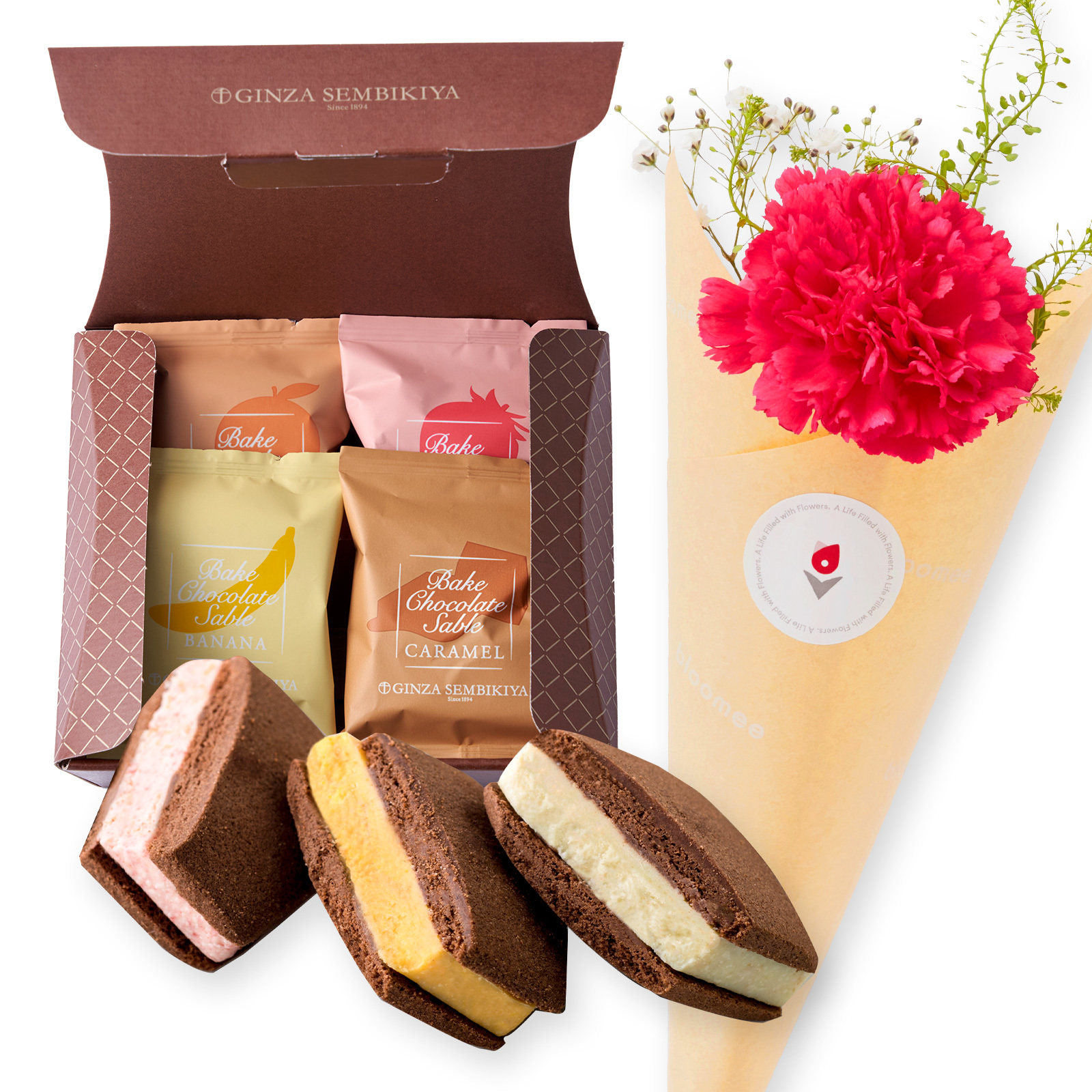 銀座千疋屋 銀座焼きショコラサブレ4個 と 季節のお花ブーケ(3本)