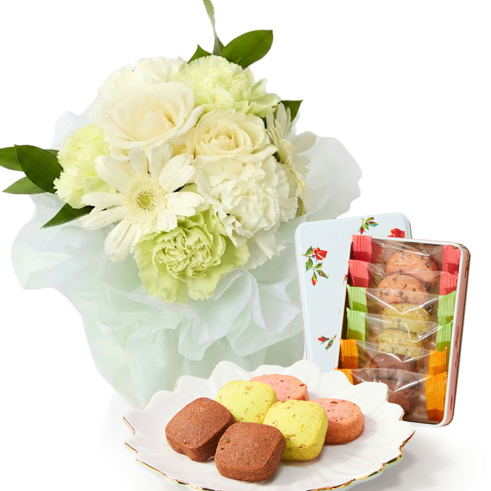 そのまま飾れるブーケ(白色、Sサイズ) と 銀座千疋屋クッキー のセット【母の日カード付き】